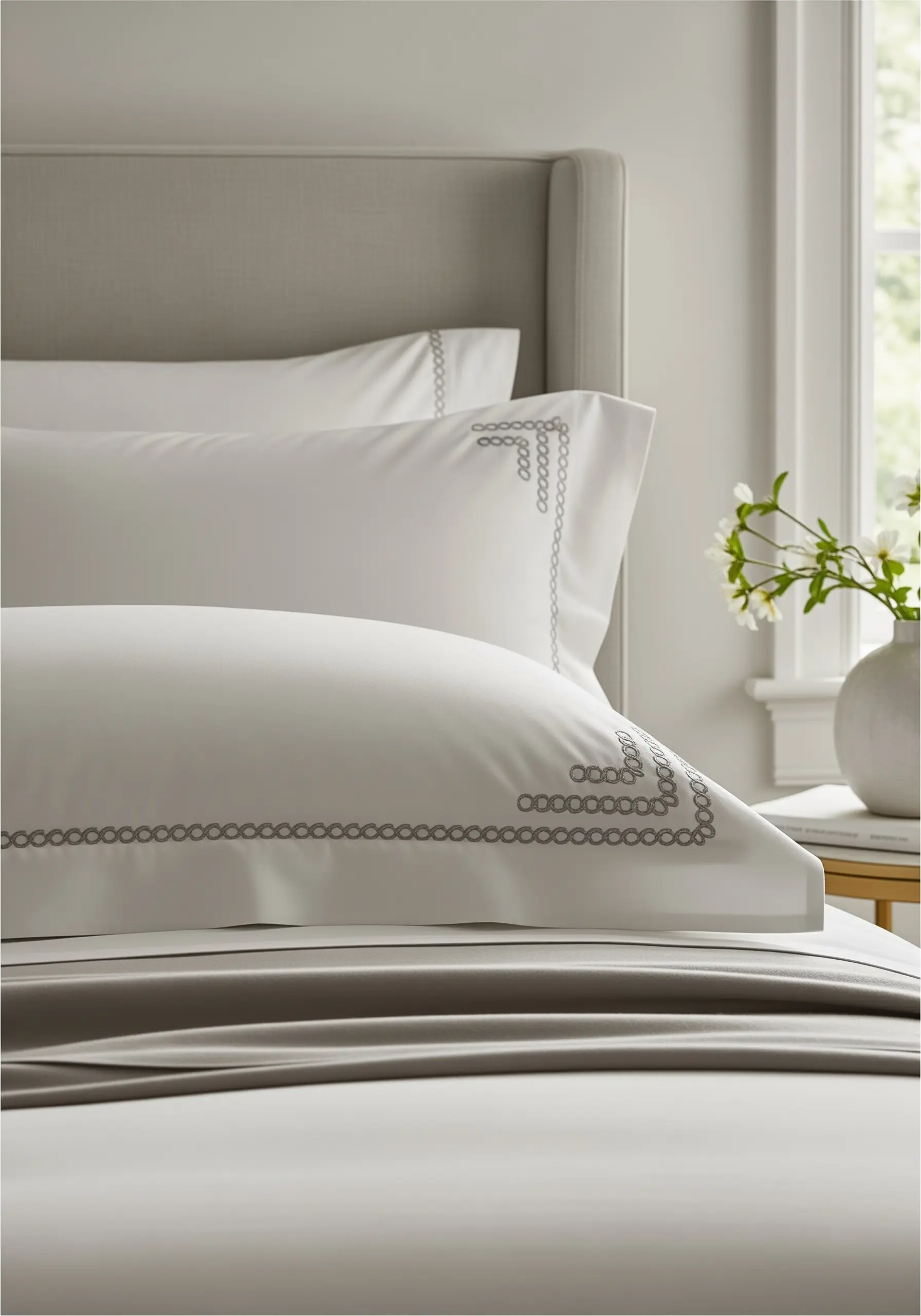 A white pillowcase with a precise, grey geometric embroidered border.
