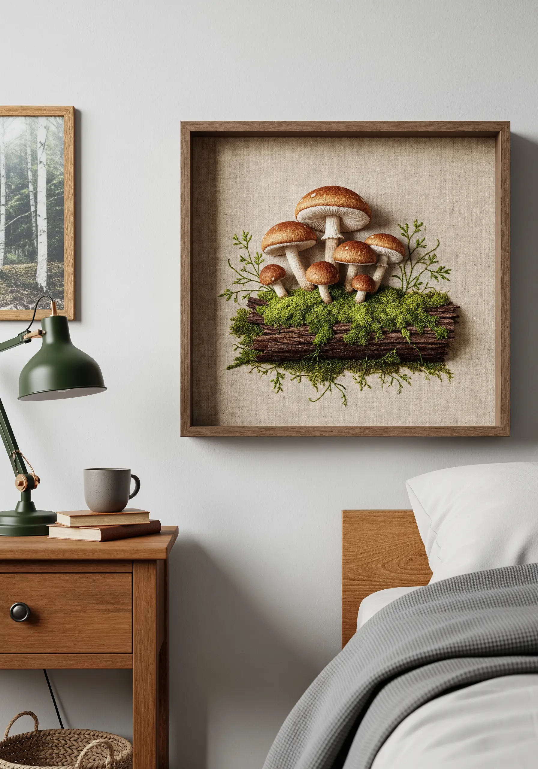 A shadowbox frame containing a hyper-realistic 3D embroidery of mushrooms on a log