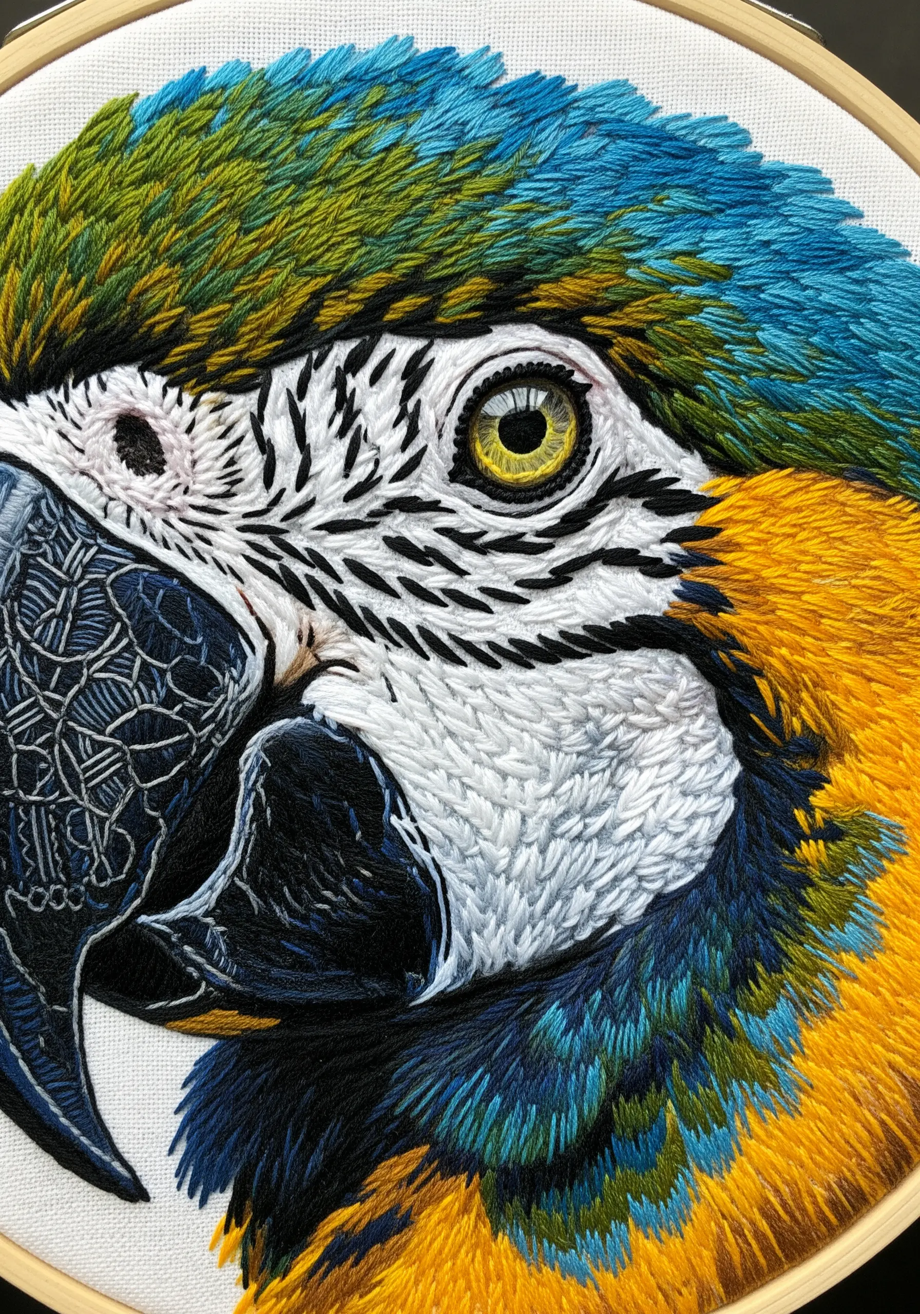 A hyper-realistic close-up of an embroidered blue and gold macaw's eye.
