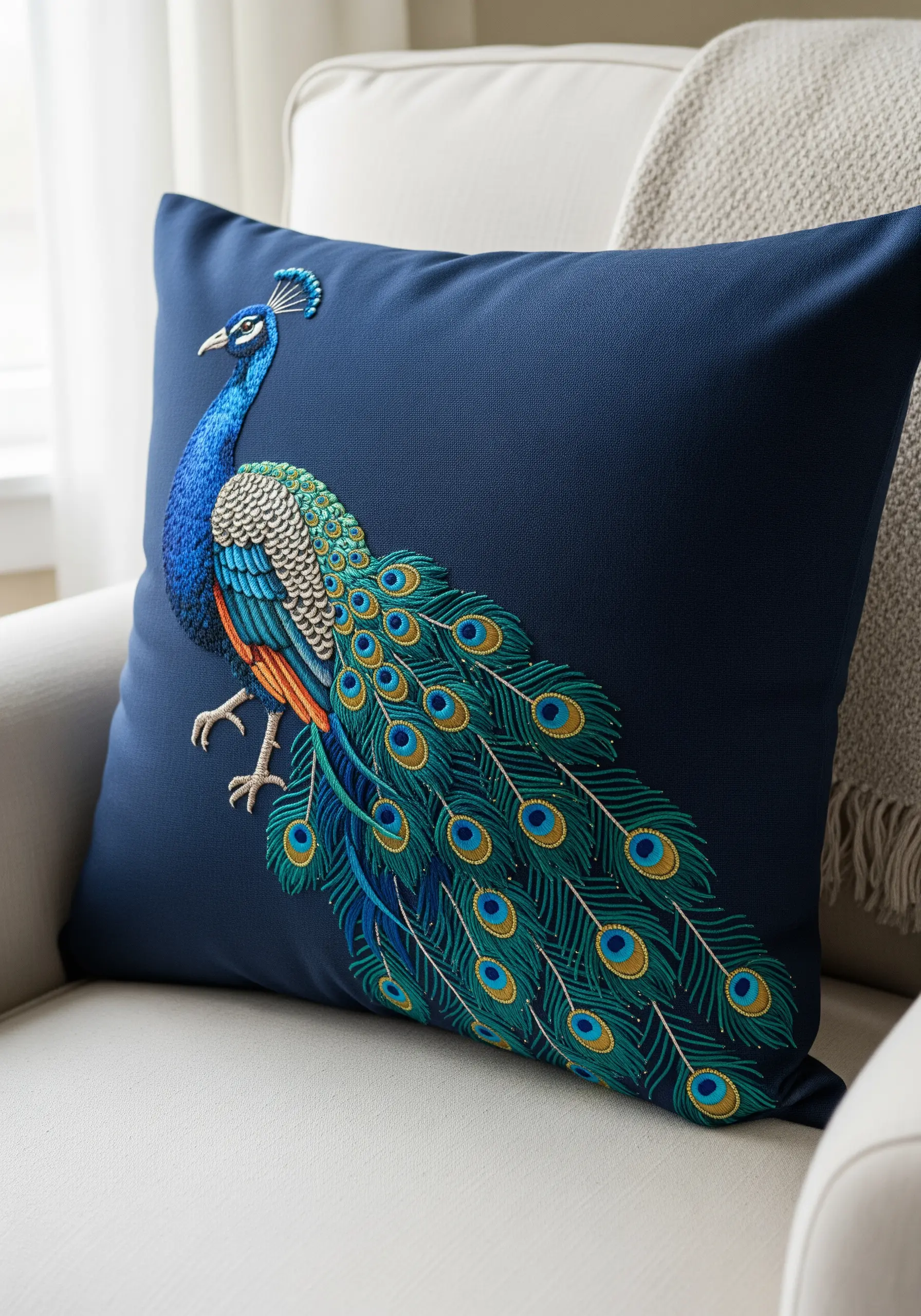 A detailed peacock embroidered on a dark blue cushion, its feathers in vibrant blues, greens, and gold.
