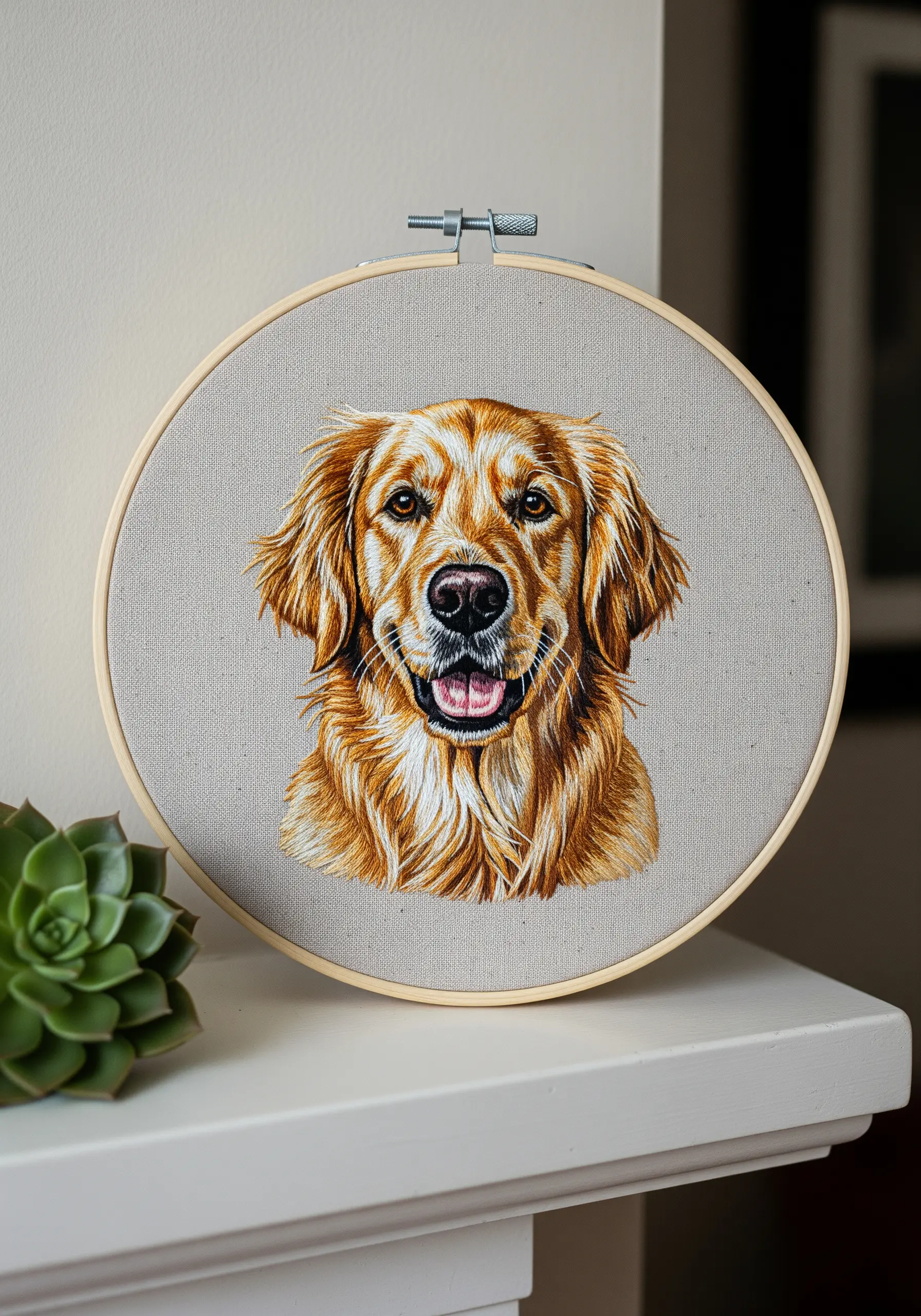 Hyper-realistic thread-painted portrait of a golden retriever in an embroidery hoop.