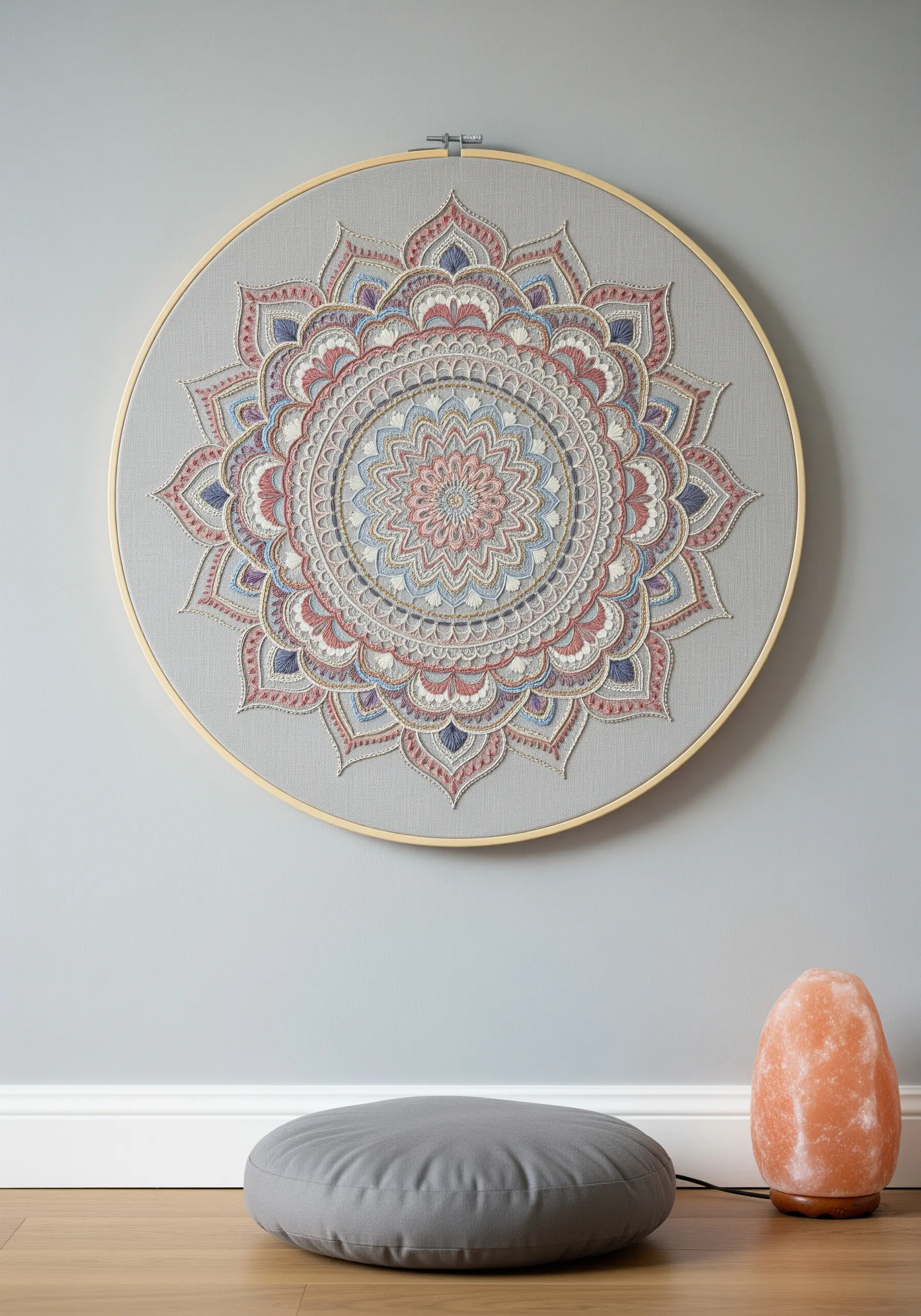 A large, intricate mandala embroidered in dusty pink and blue tones on a gray fabric.