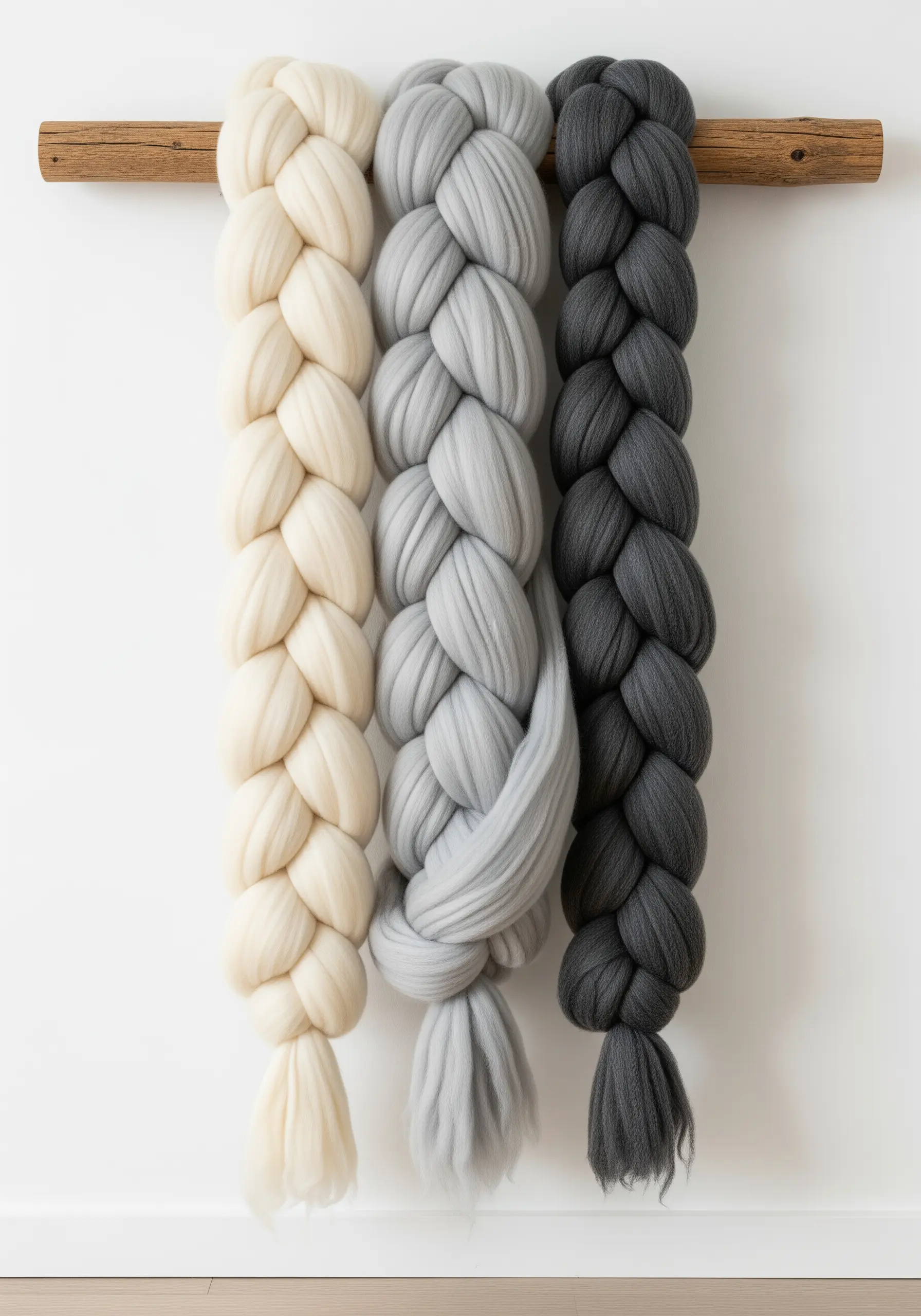 Three thick braids of merino wool roving in cream, light grey, and charcoal grey.