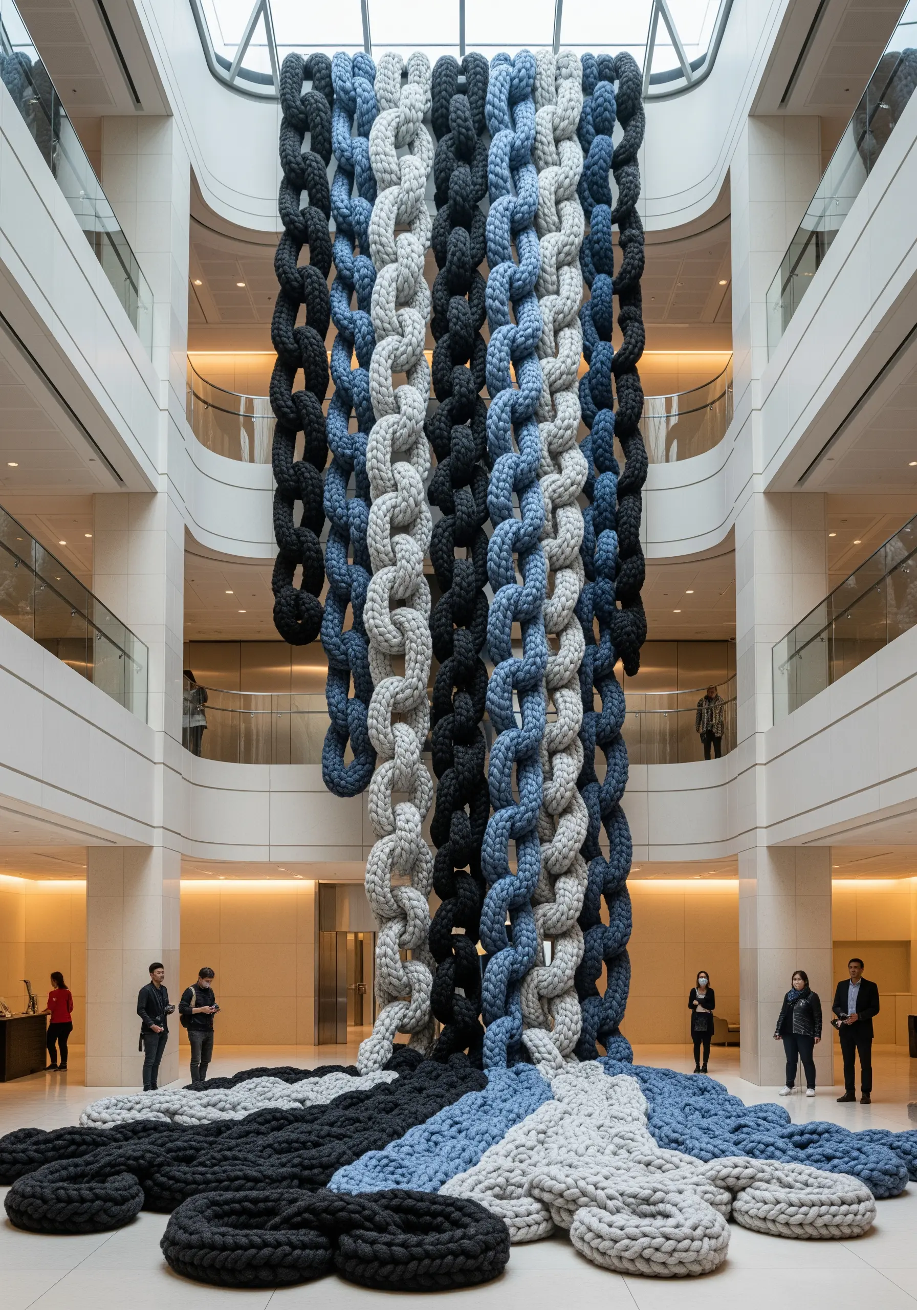 Giant, floor-to-ceiling knitted chains in black, grey, and blue, made from chunky yarn.