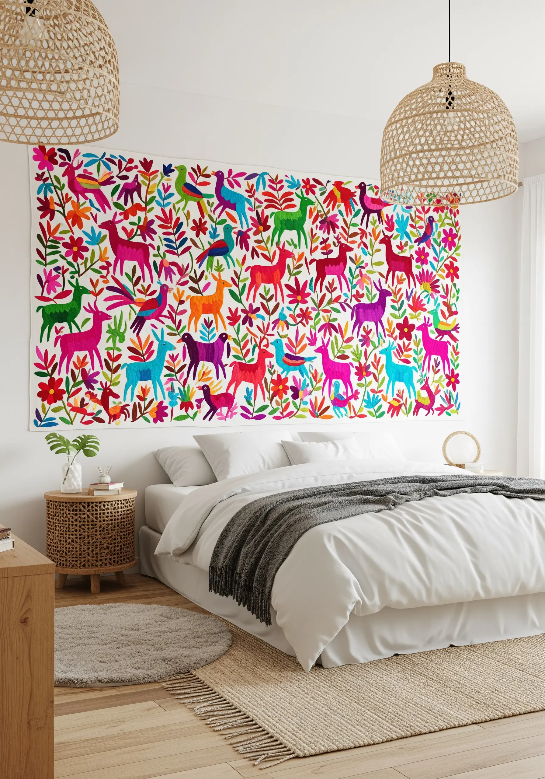 A large Otomi-style embroidery tapestry with colorful, stylized animals and flowers.