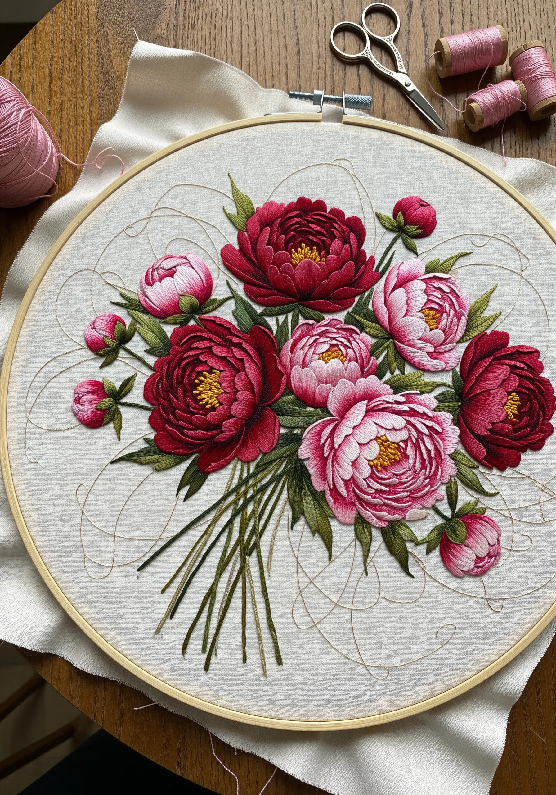 Embroidered bouquet of deep red and light pink peonies with gold thread accents in a hoop.