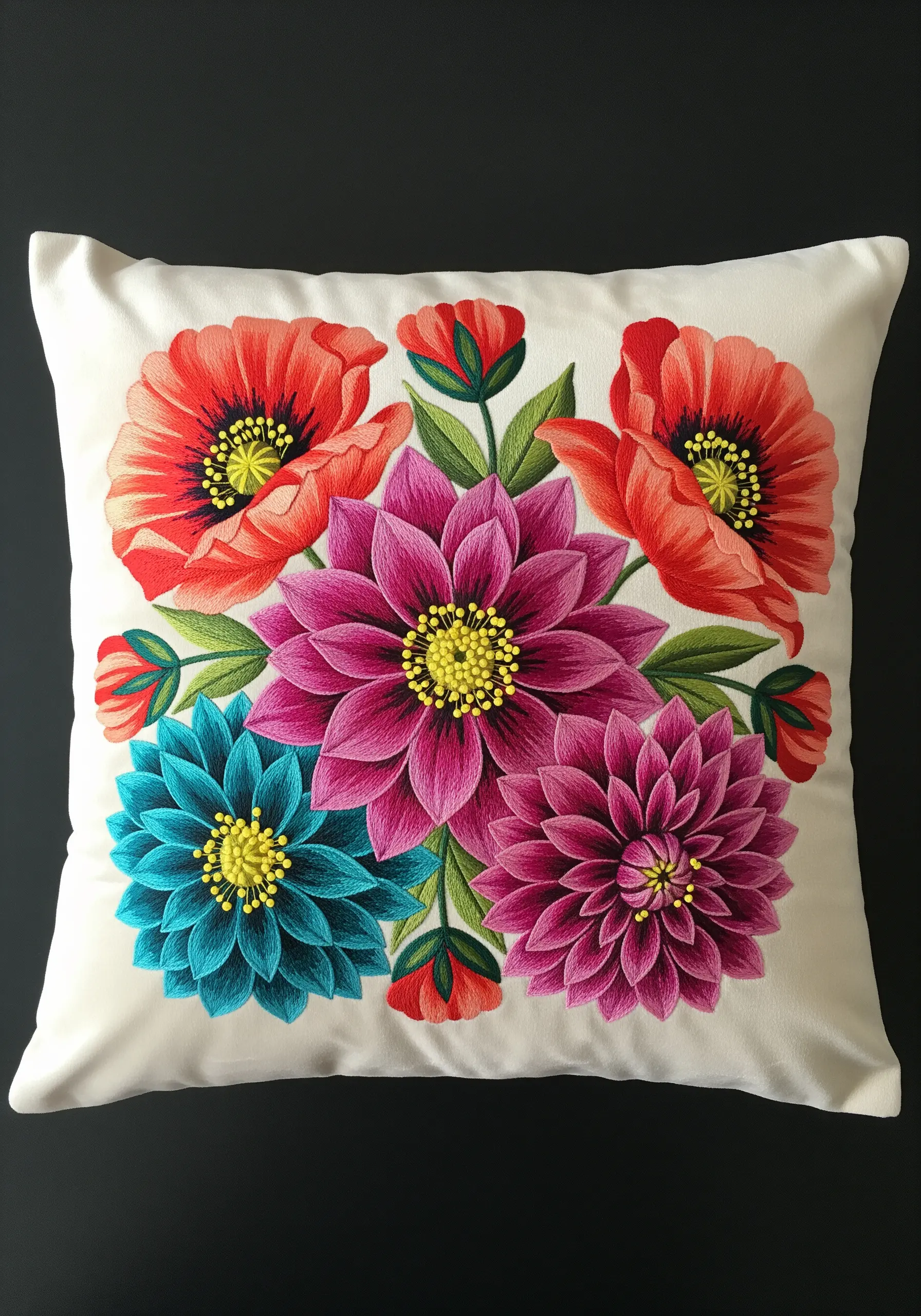 Vibrant floral embroidery with thread-painted dahlias and poppies on a cream pillow.