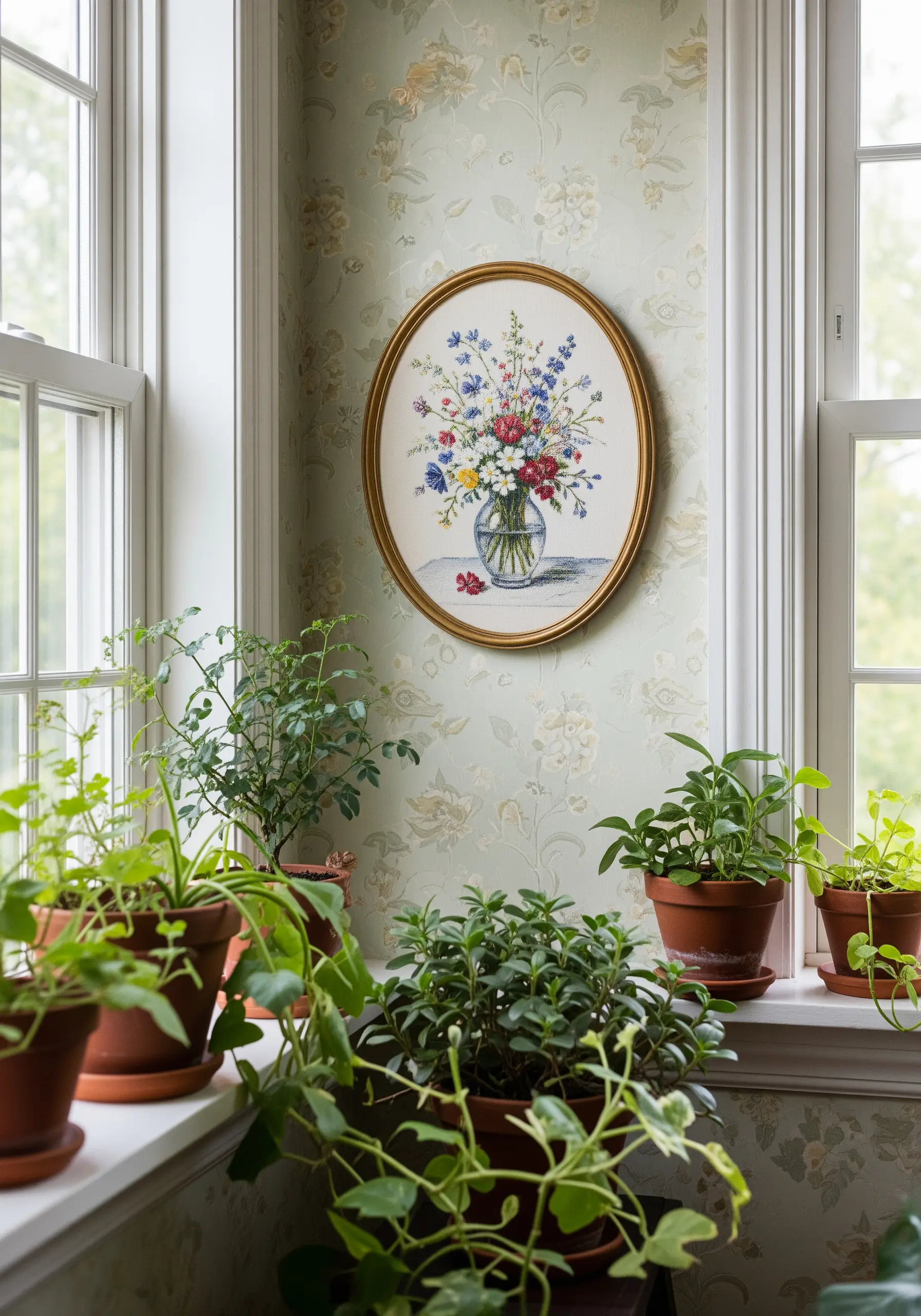 A finely stitched floral bouquet in a glass vase, framed in an oval hoop and hung in a window.
