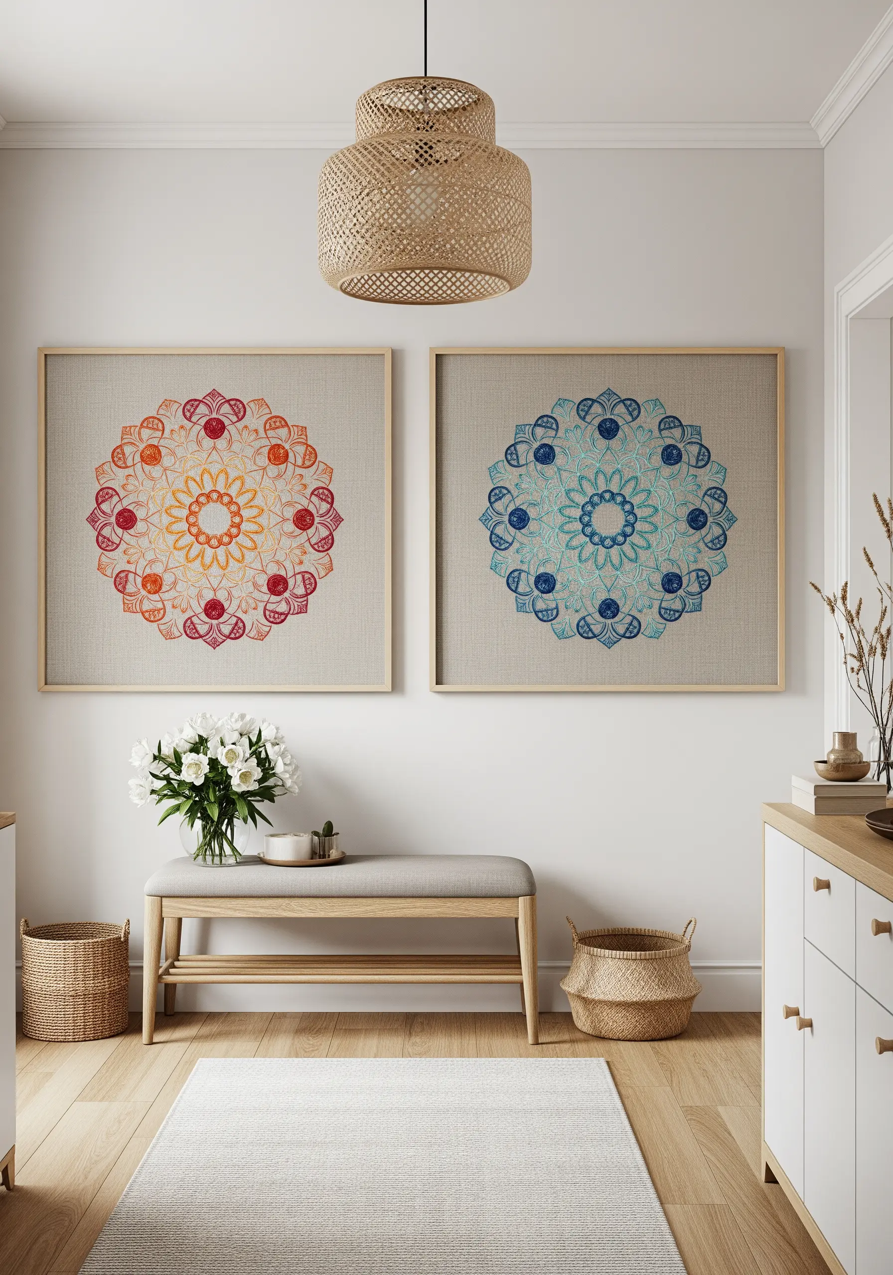 Two large, framed mandala embroideries in warm and cool color palettes hanging in a hallway.