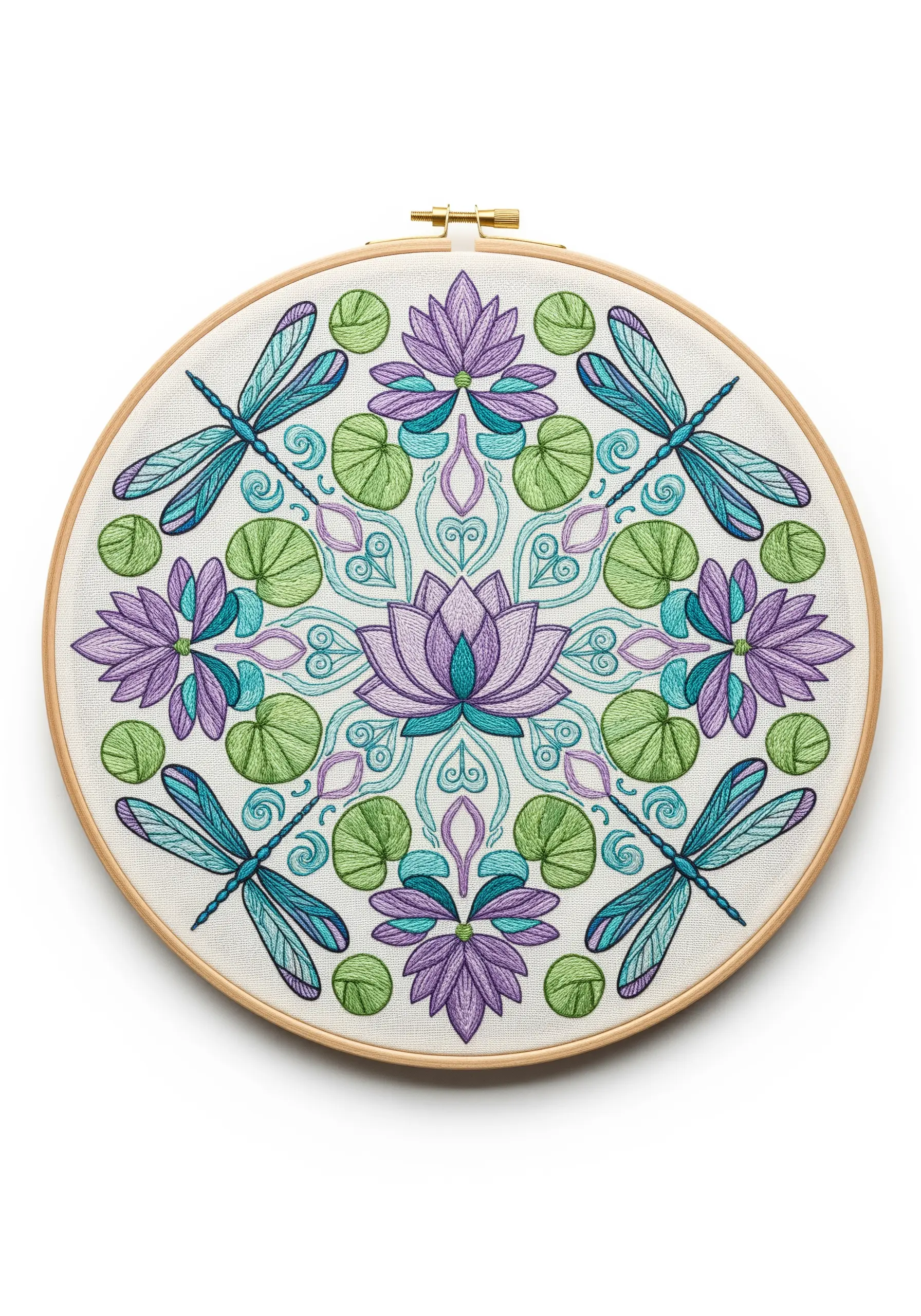 A symmetrical mandala embroidery featuring dragonflies, lotuses, and lily pads in a balanced pattern.