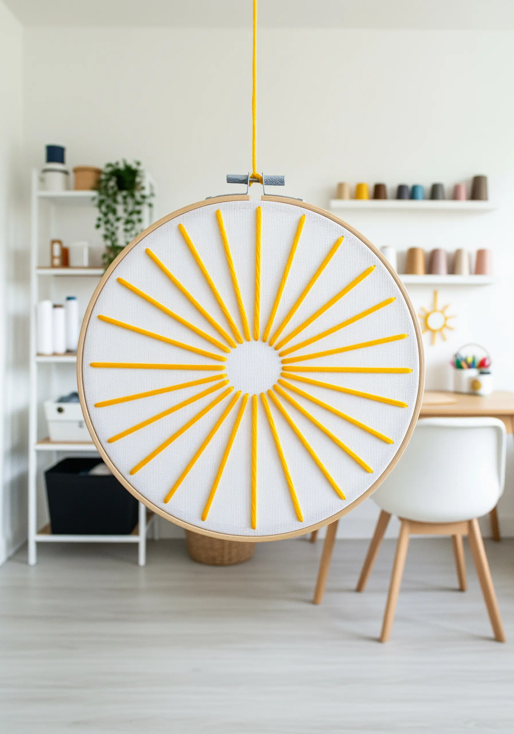 A minimalist sunburst design with radiating yellow lines on white fabric.