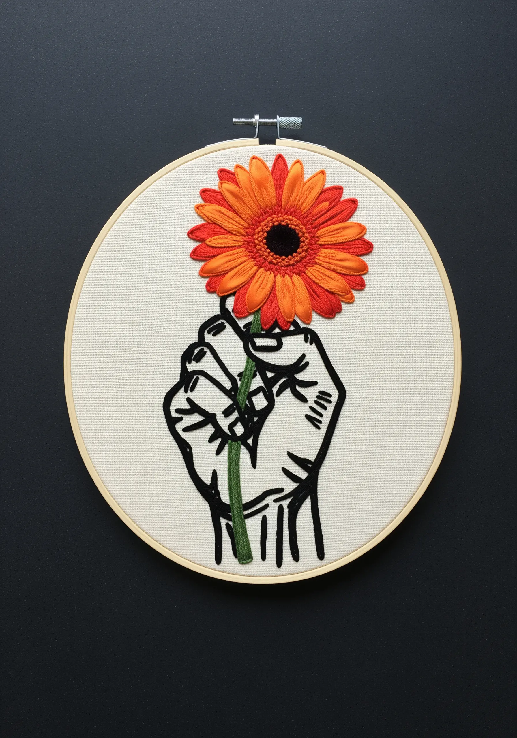Line art hand holding a realistic, thread-painted orange gerbera daisy.