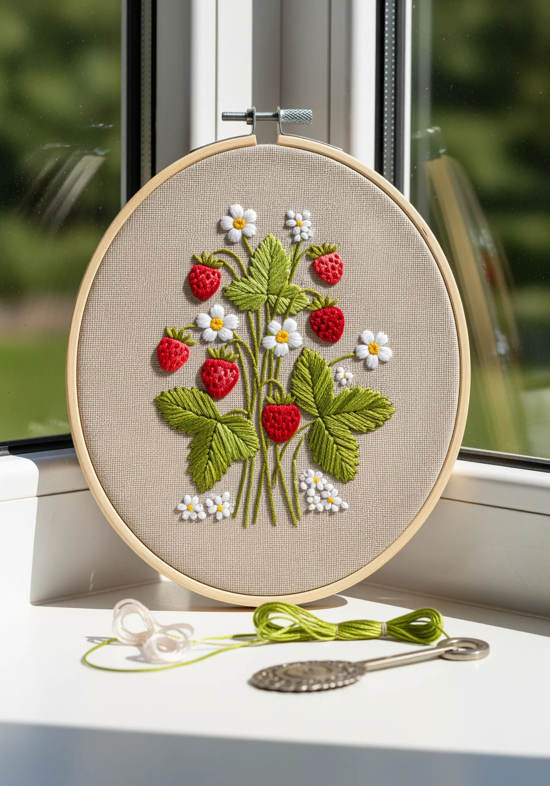 Embroidered strawberries with green leaves and white flowers on neutral fabric.