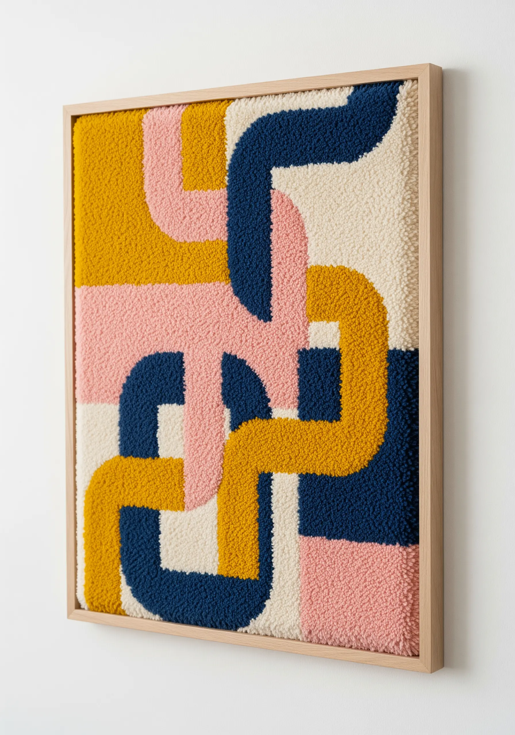 Framed punch needle artwork with abstract, interlocking shapes in yellow, pink, and navy blue.