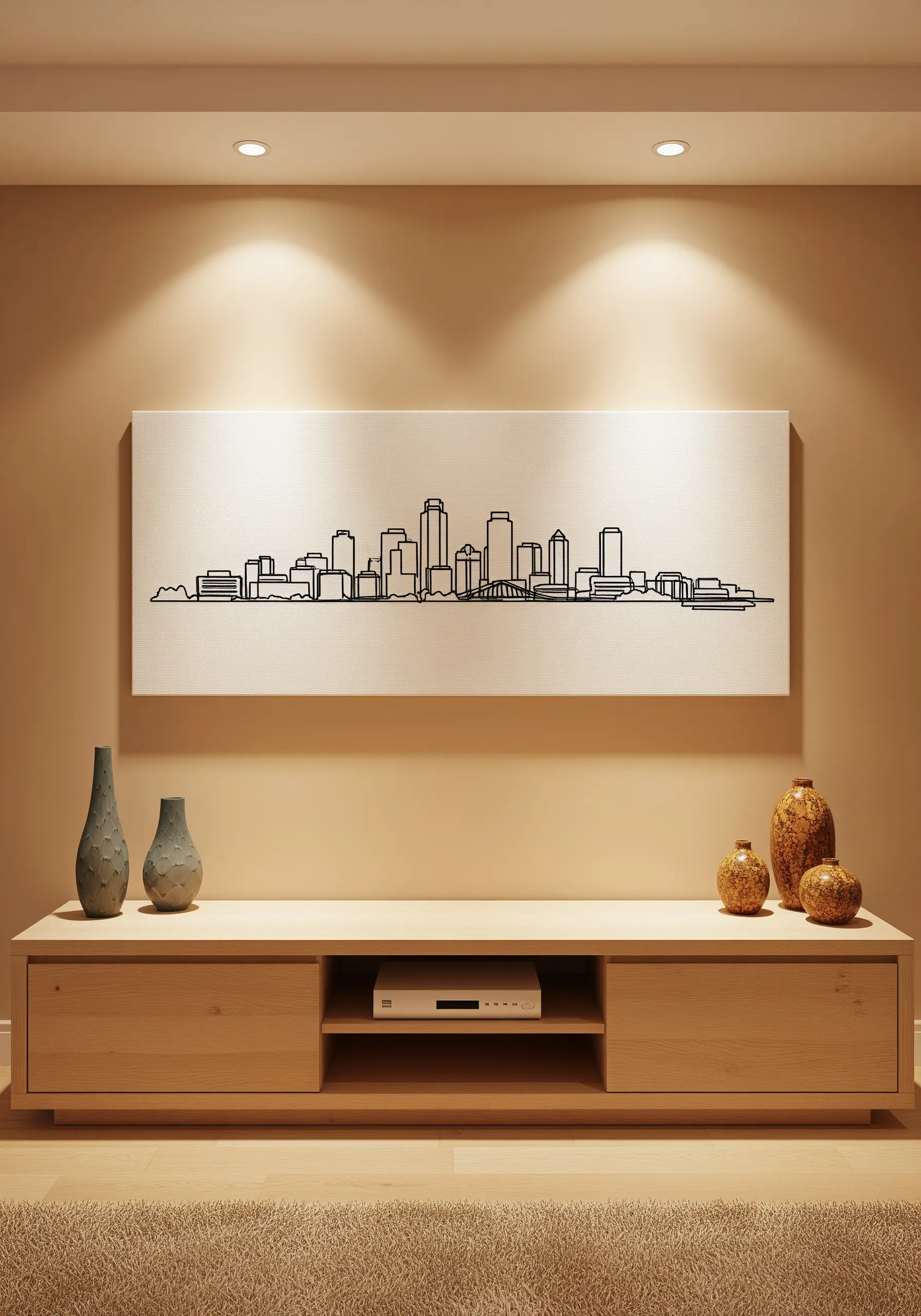 A minimalist black line embroidery of a city skyline on a wide, rectangular canvas.