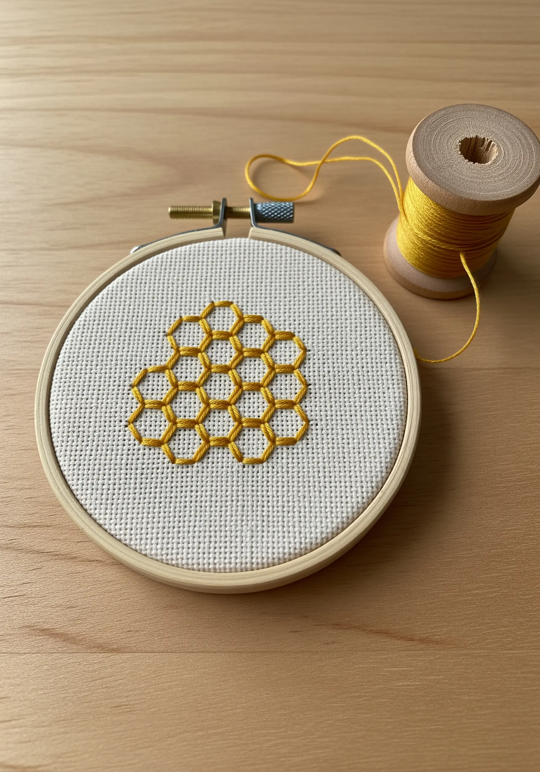 A minimalist honeycomb pattern stitched in yellow thread on white Aida cloth.