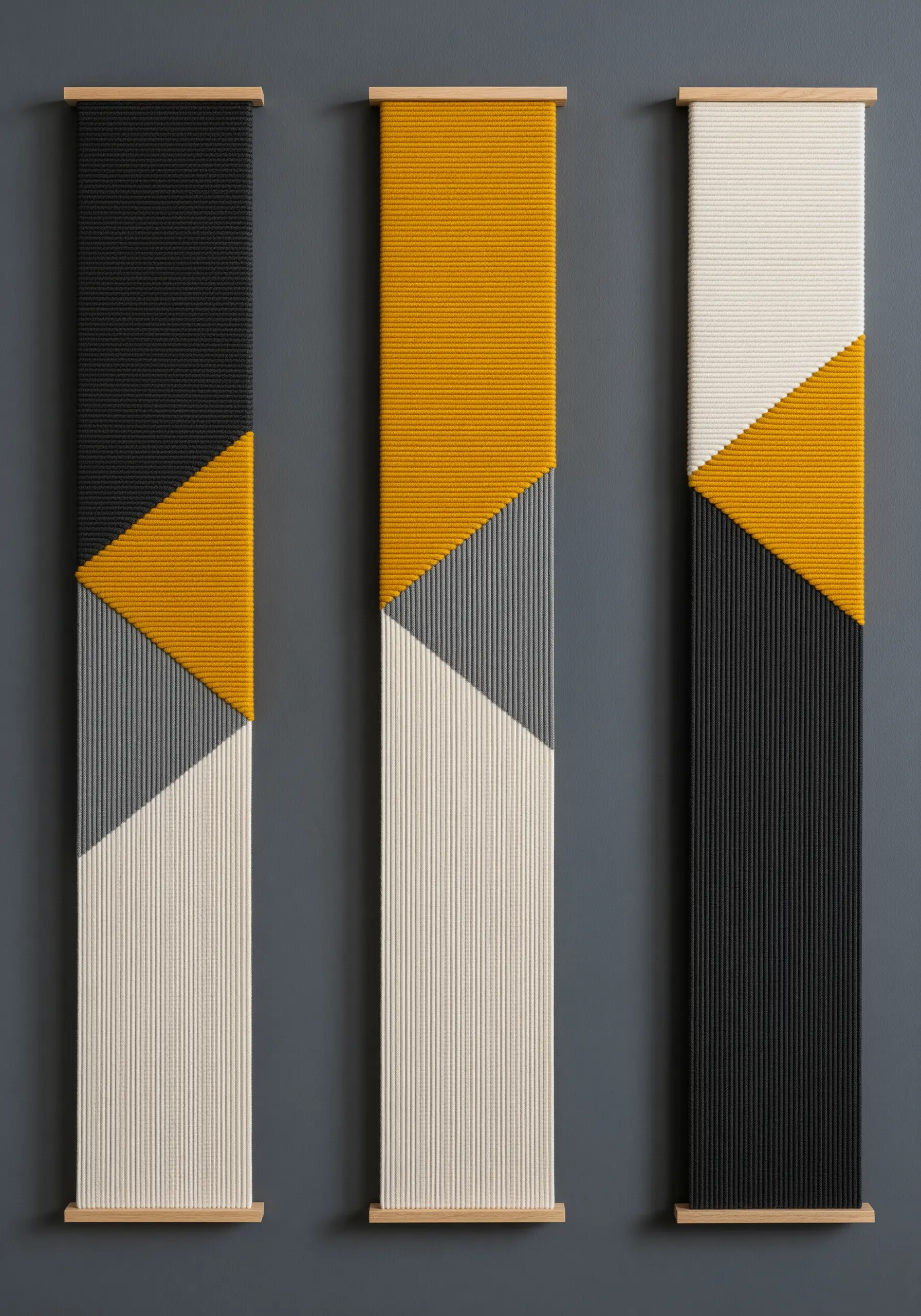 Triptych of modern wall hangings with black, yellow, and white geometric yarn wrapping.