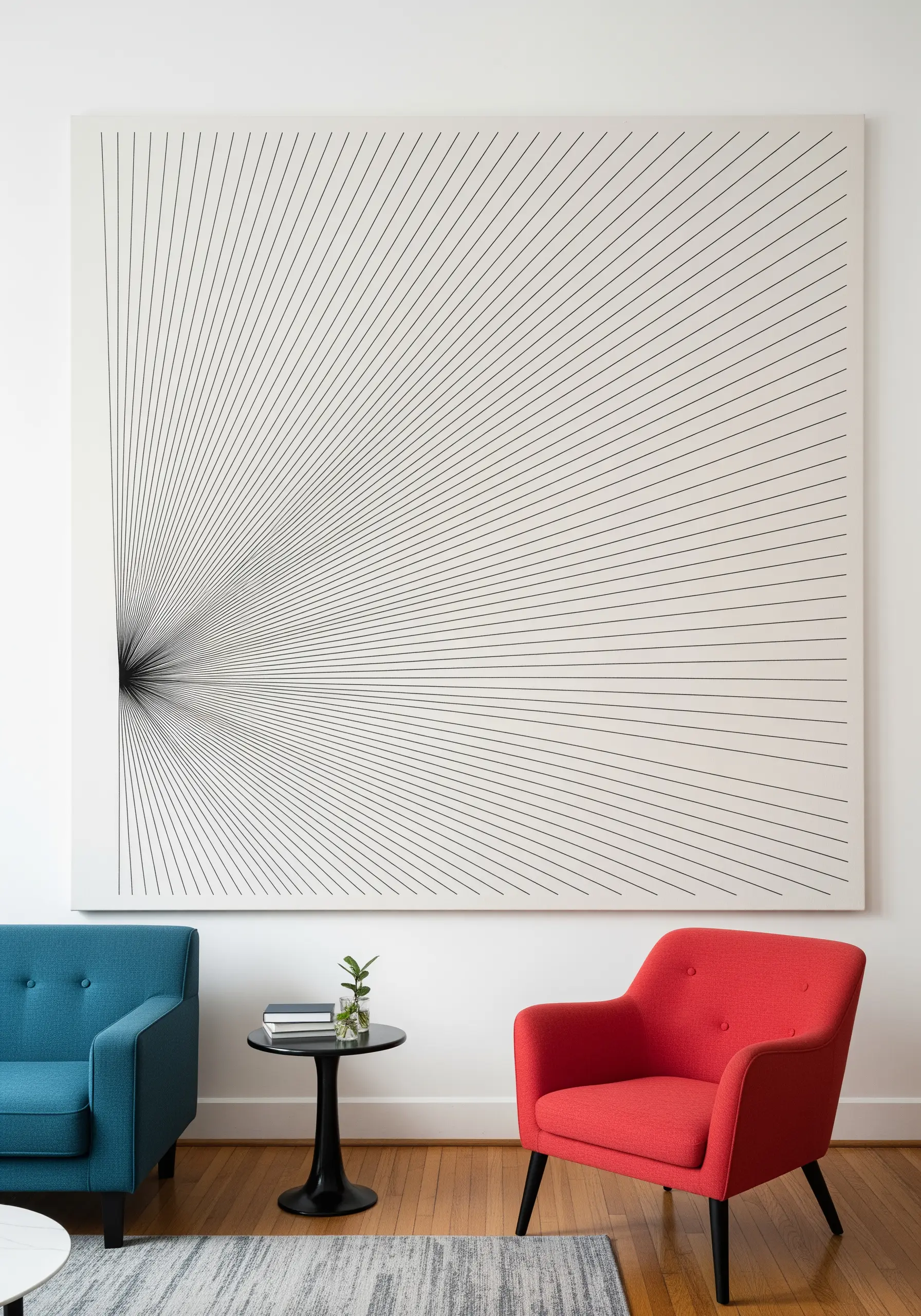 A large, minimalist canvas with black threads radiating from a single point on the left.