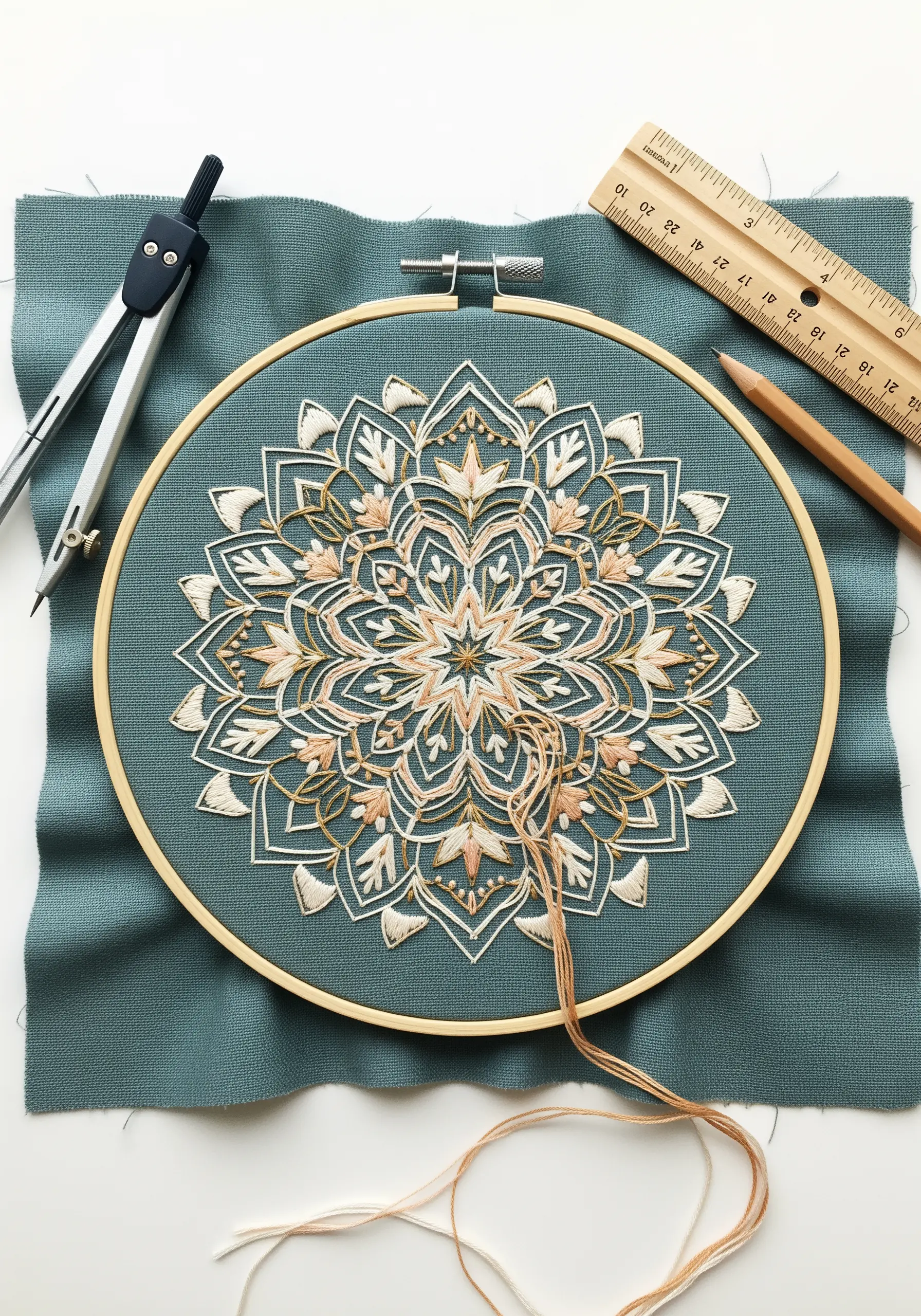 A precise and symmetrical embroidered mandala in cream and gold on teal fabric.