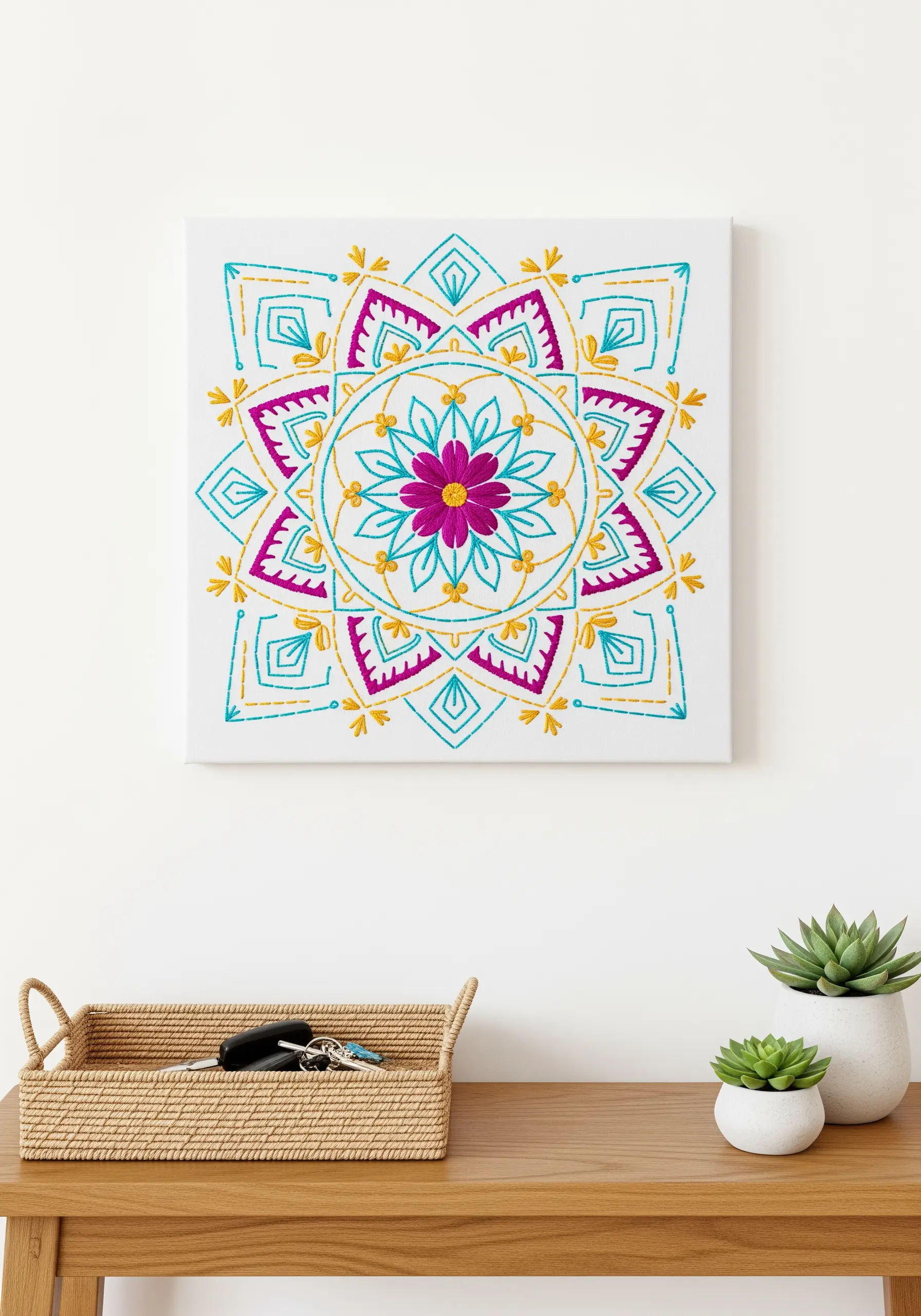 A brightly colored geometric mandala stitched on a square white canvas.