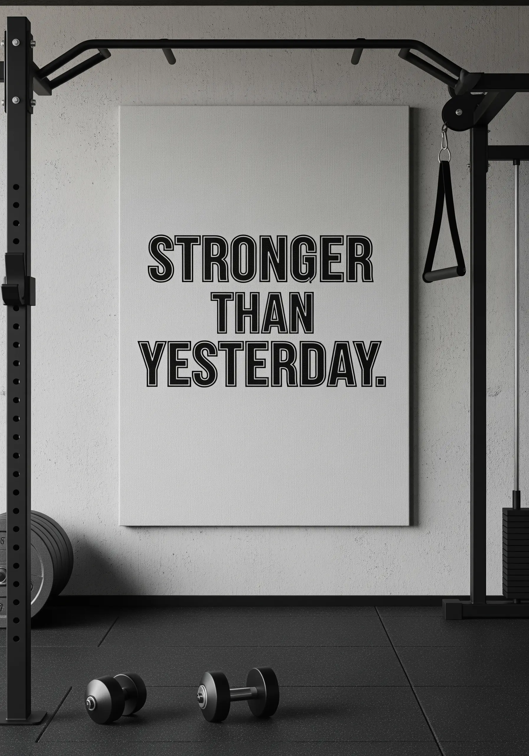 A bold, black, sans-serif quote embroidered on a white canvas in a minimalist gym setting.