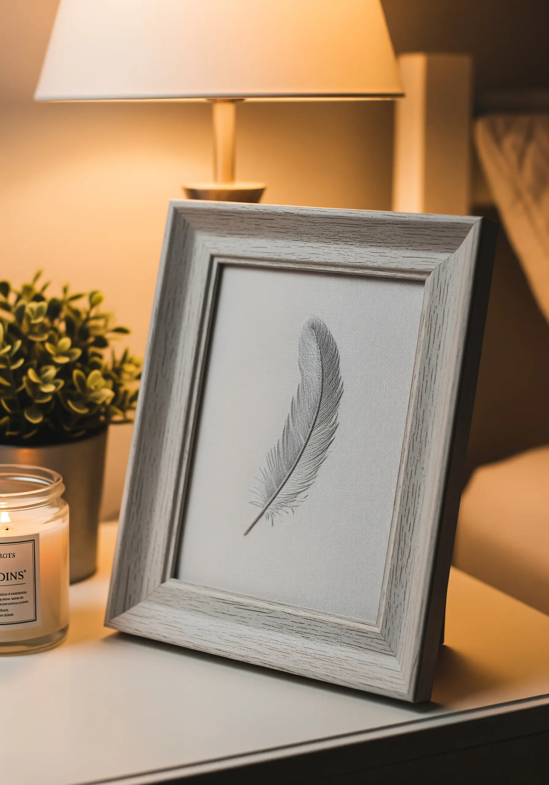 A single, realistic feather embroidered with delicate gray and white shading.