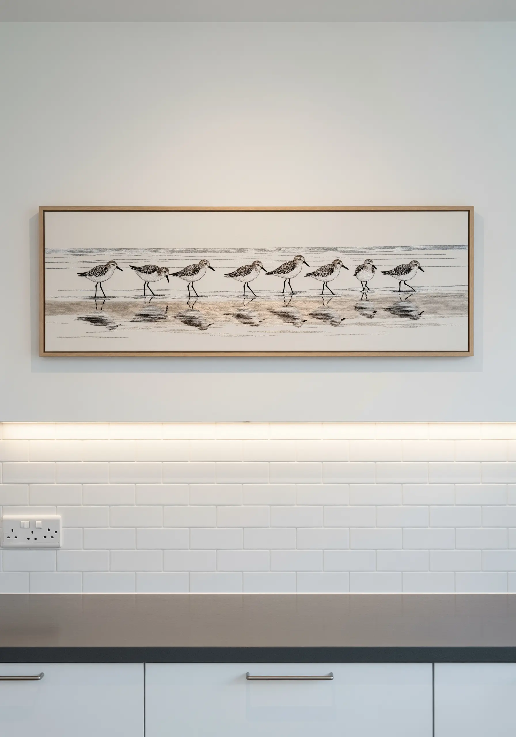 Photorealistic embroidery of sandpipers walking on a wet beach.