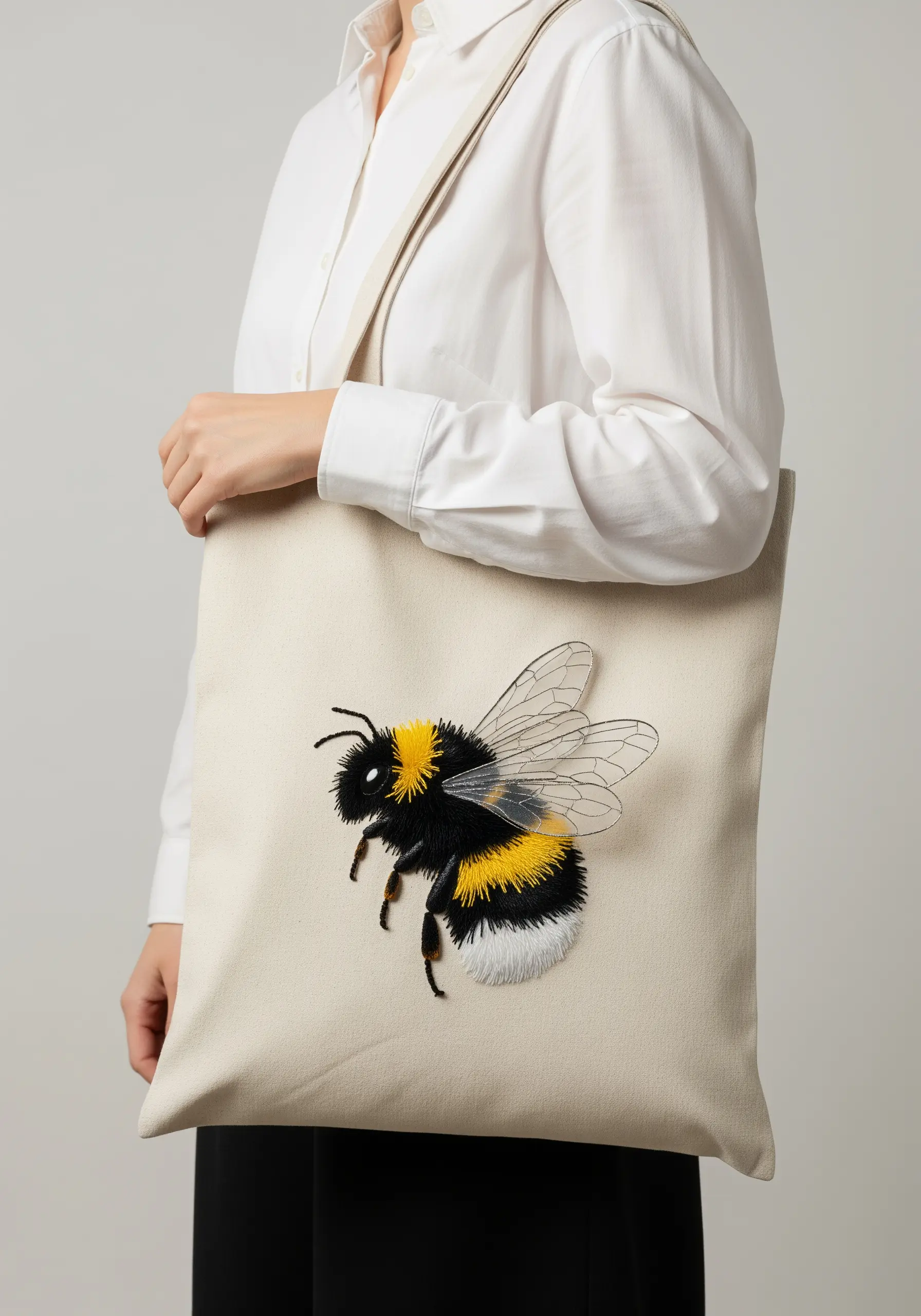 A realistic embroidered bee with fuzzy texture and delicate wings on a tote bag.