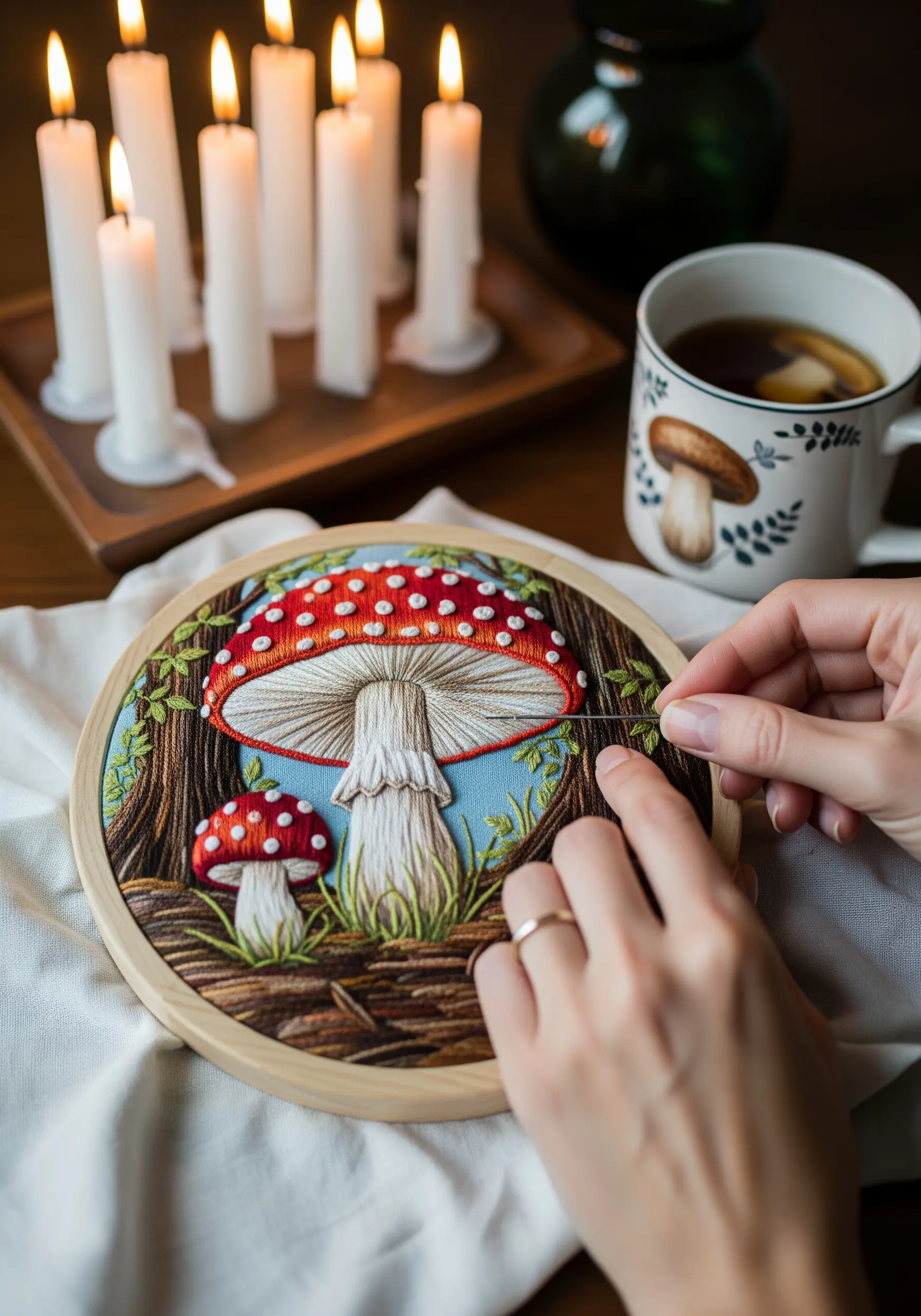 A realistic thread-painted Amanita mushroom with detailed gills and a textured stem.