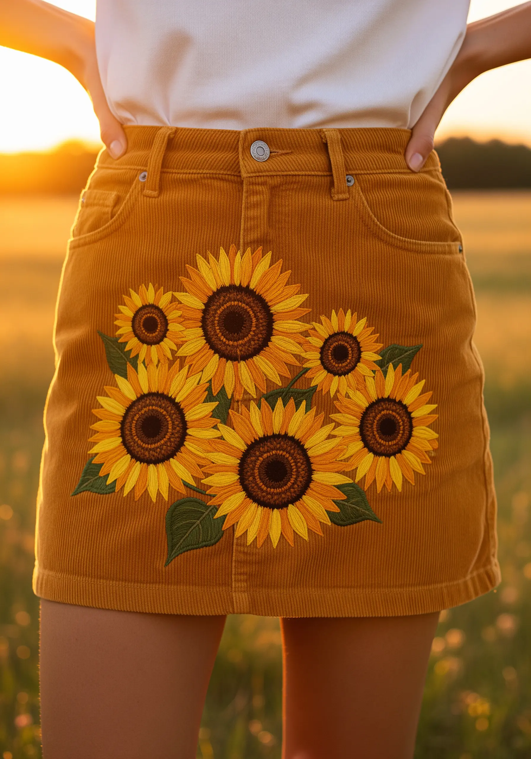 A vibrant bouquet of sunflowers embroidered on the front of a corduroy mini skirt.