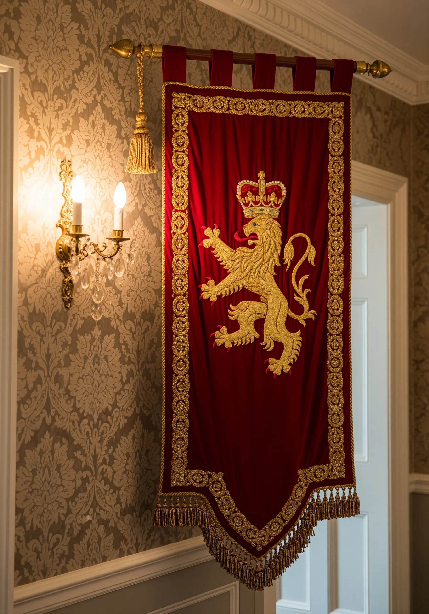 A close-up of a gold lion embroidered on a red velvet banner with ornate cording.