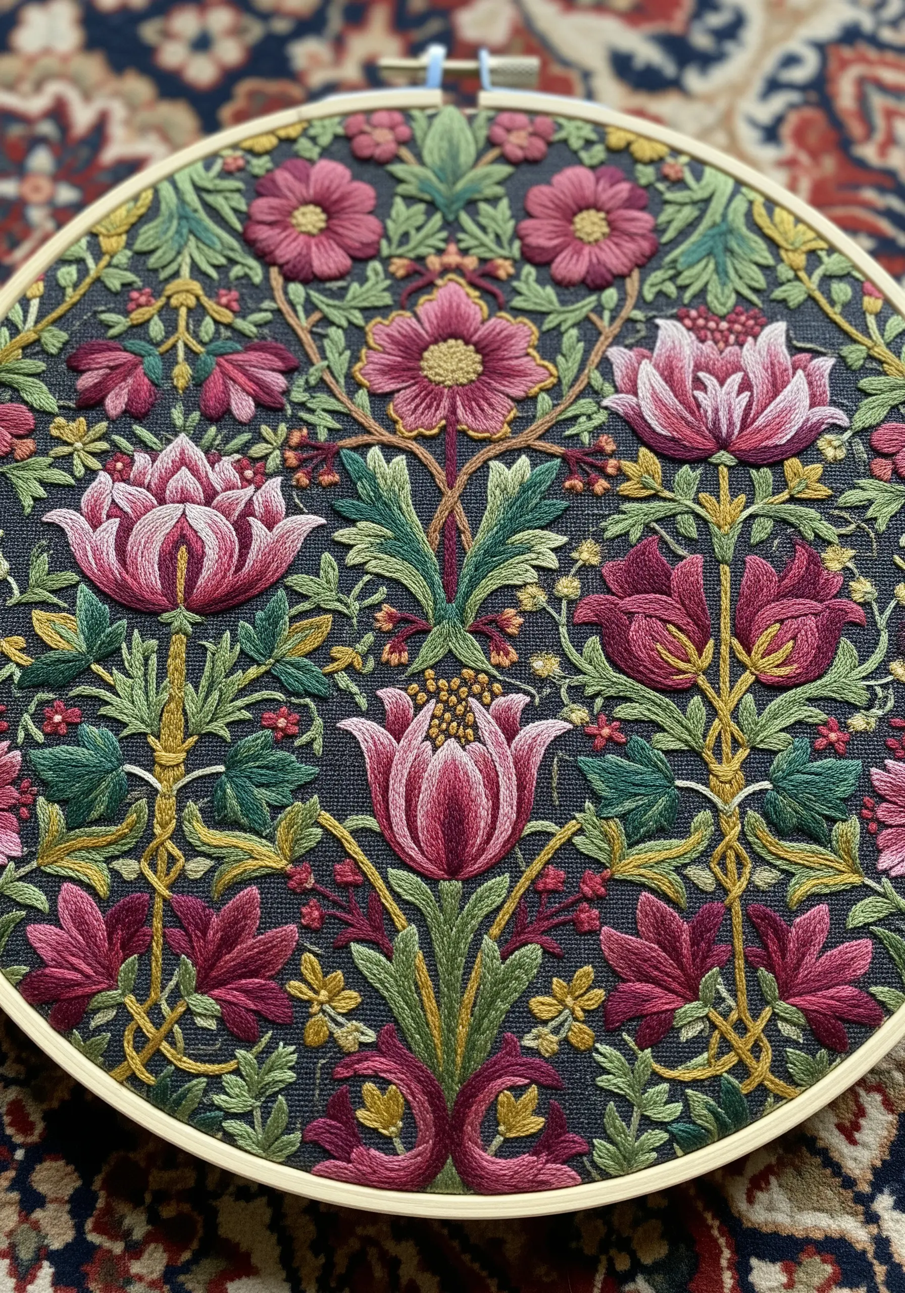 A dense, symmetrical floral embroidery pattern in the Jacobean style on dark fabric.