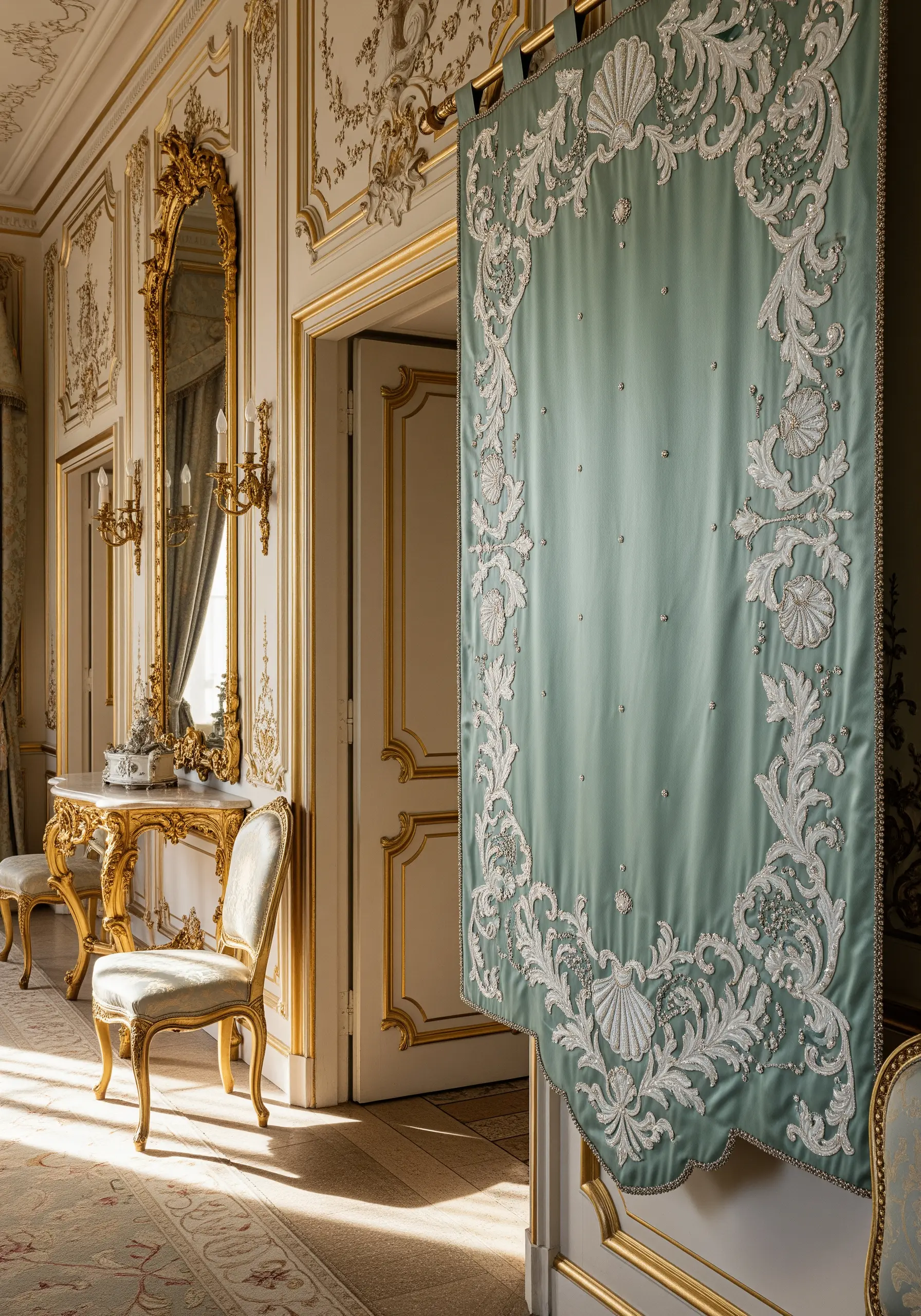 A sage green silk banner with ornate whitework embroidery in a Rococo style.