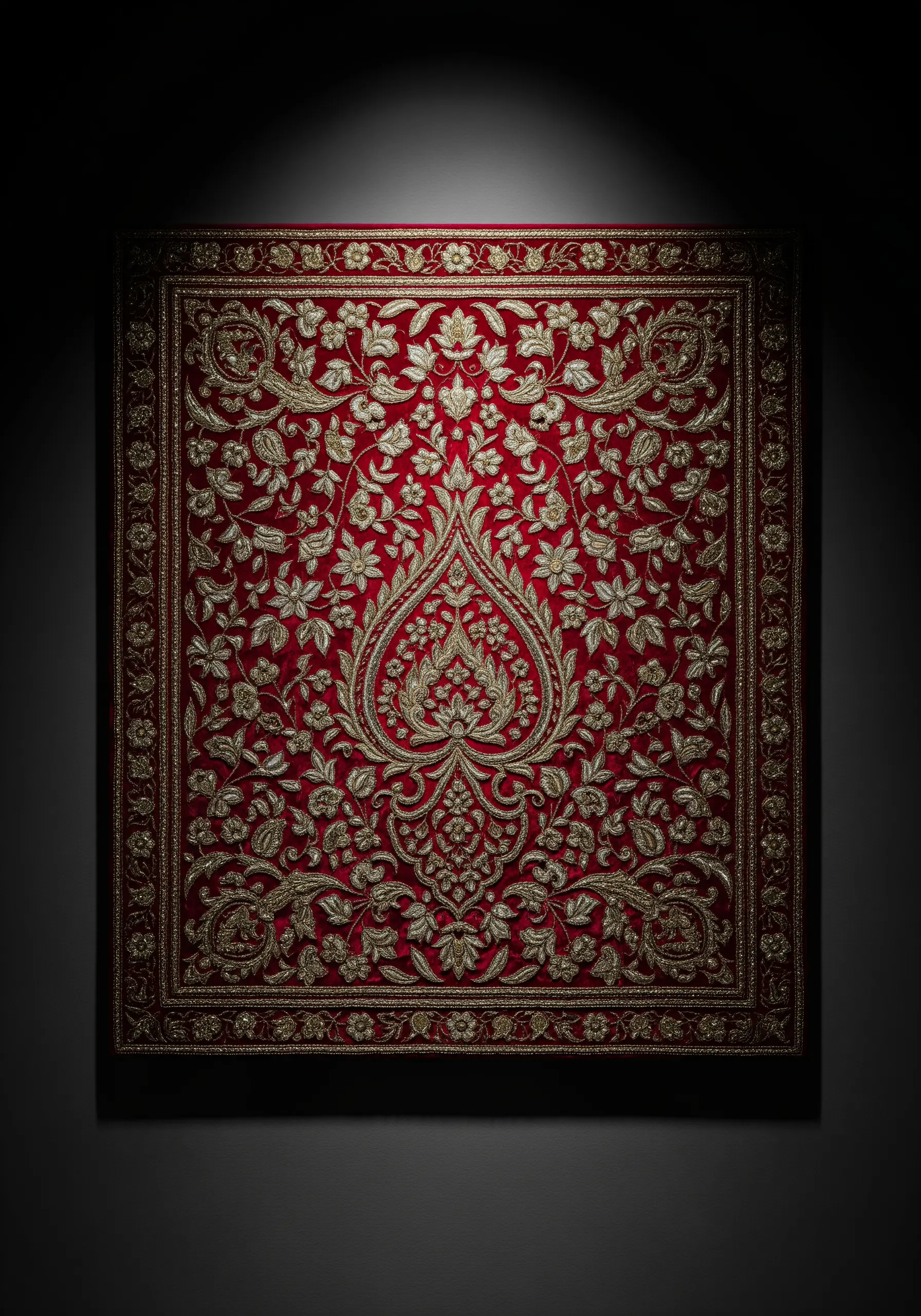 Ornate Zardozi embroidery with gold metallic thread on a rich red velvet background.