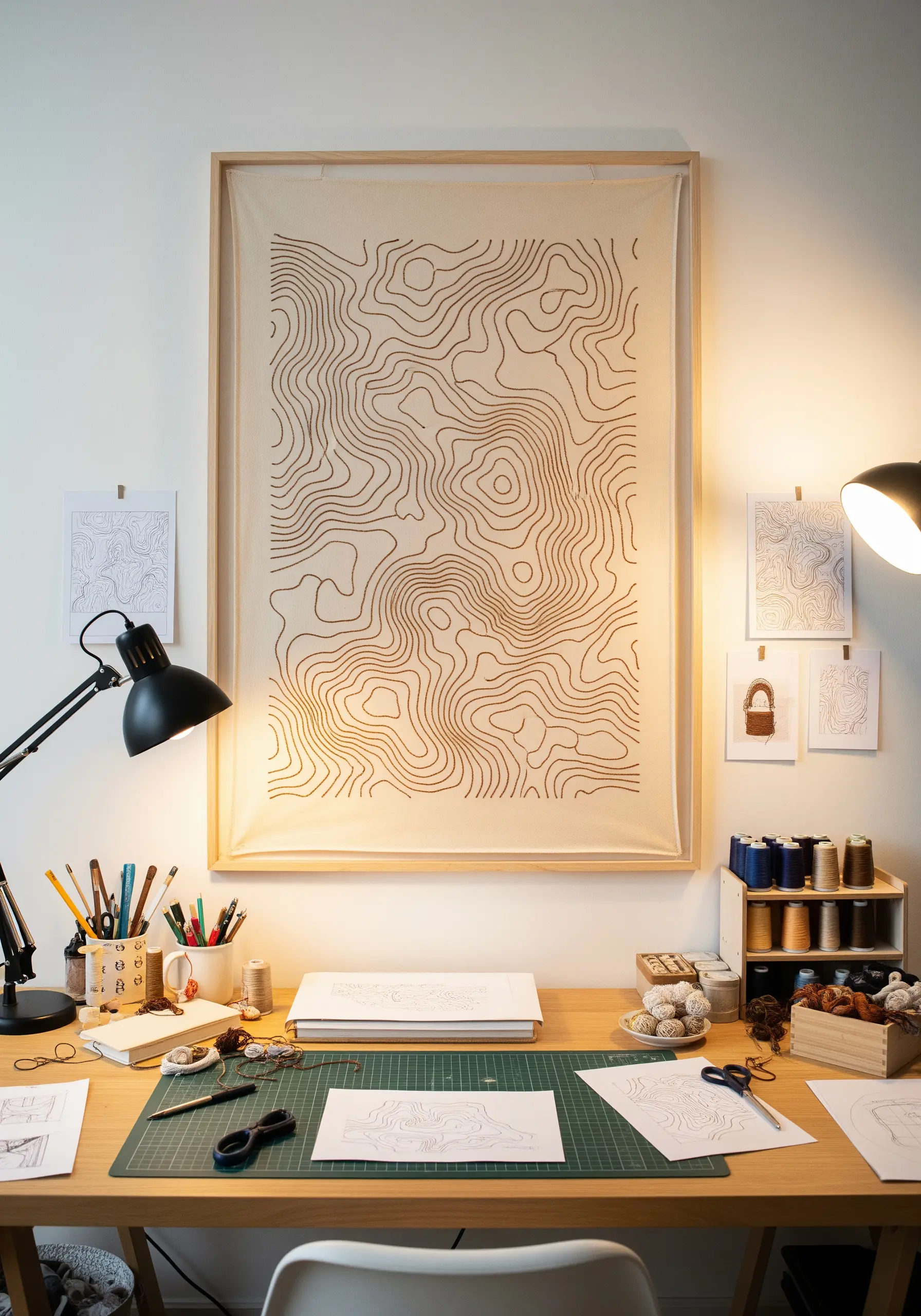 Large-scale wall hanging with embroidered topographic contour lines in a wooden frame.