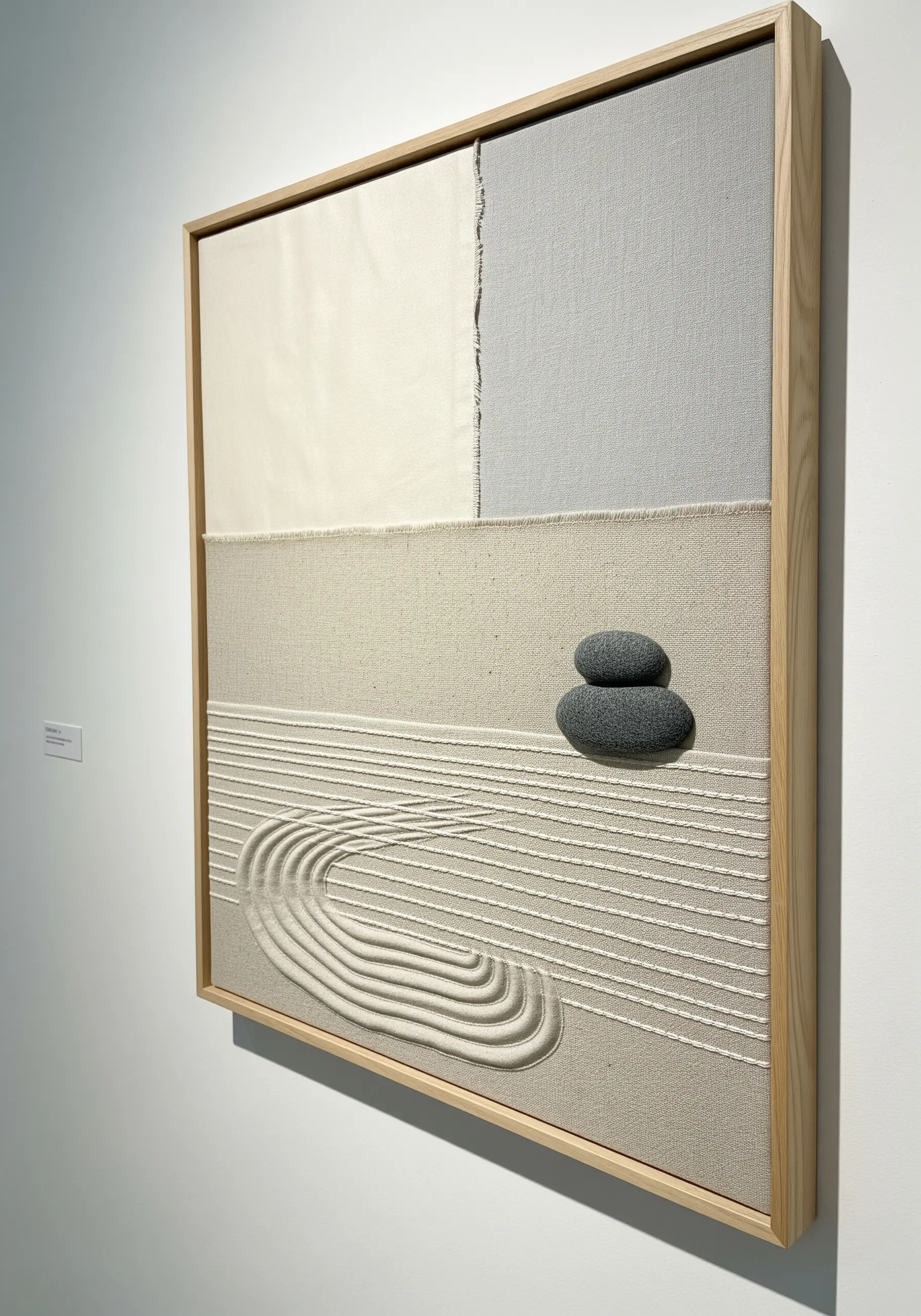 Minimalist framed art with collaged neutral fabrics and couched thread in a zen garden pattern.