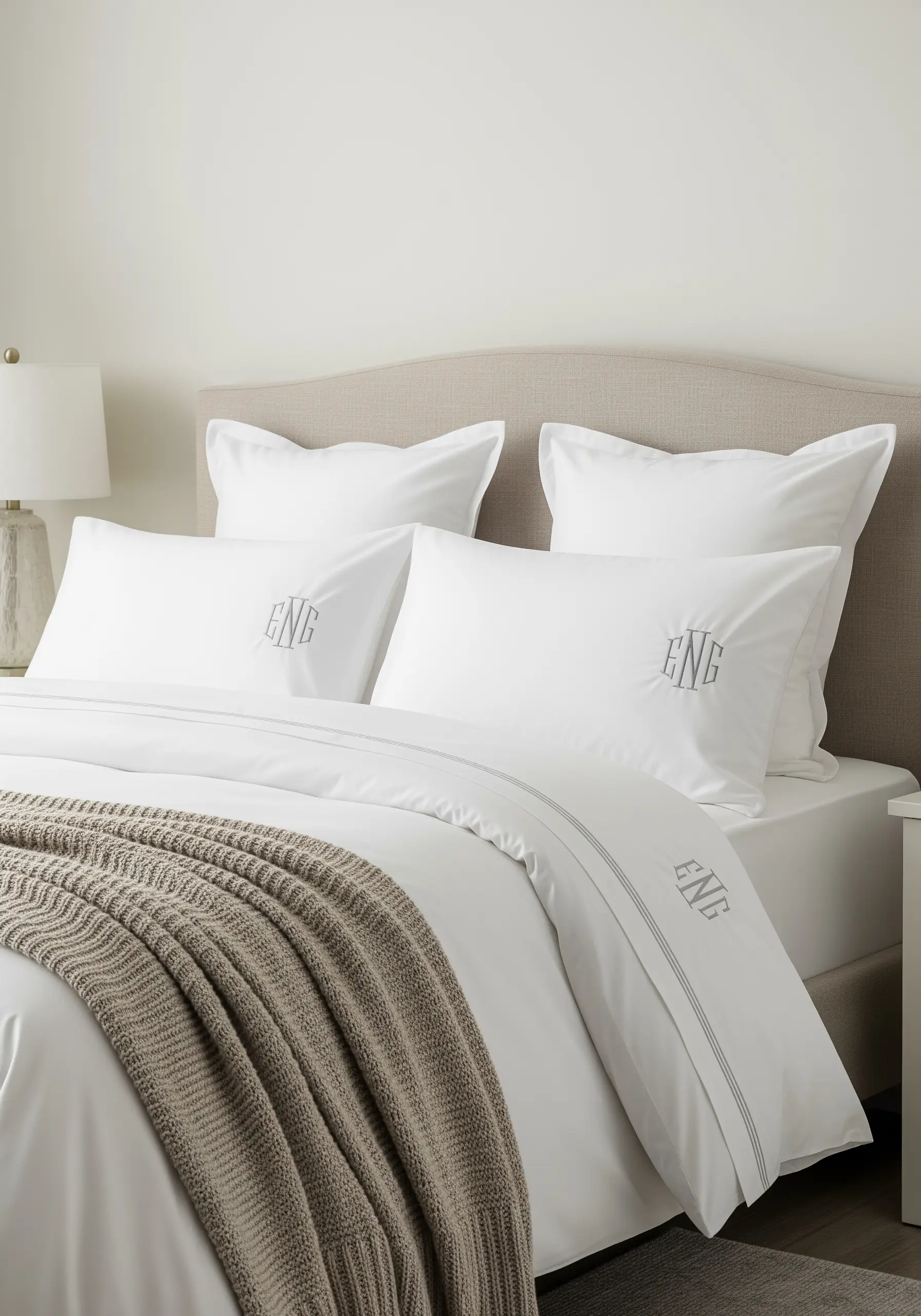 Subtle light gray monograms embroidered on crisp white pillowcases and a duvet cover.