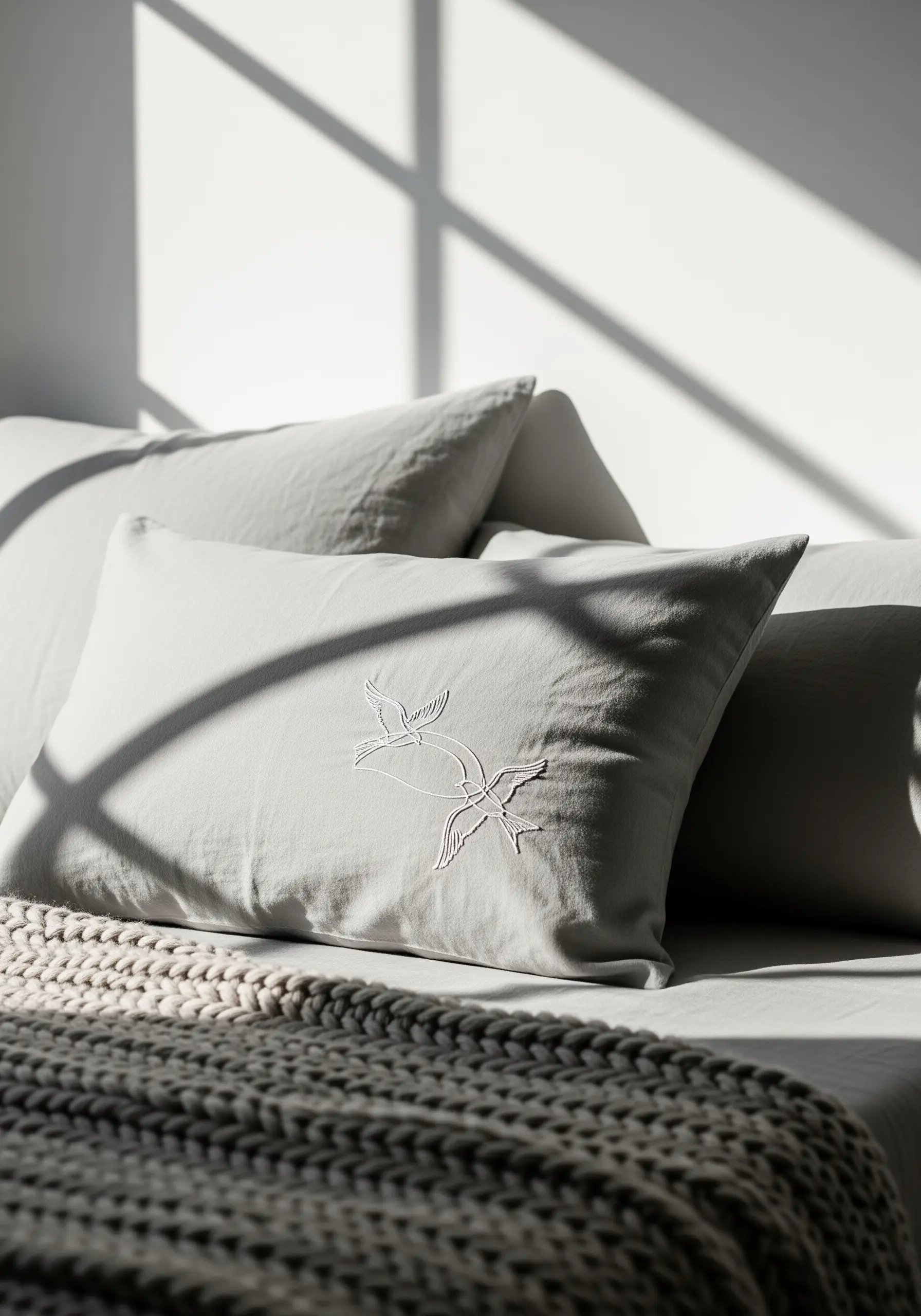 A subtle, light-colored outline of two birds embroidered on a grey linen pillowcase.