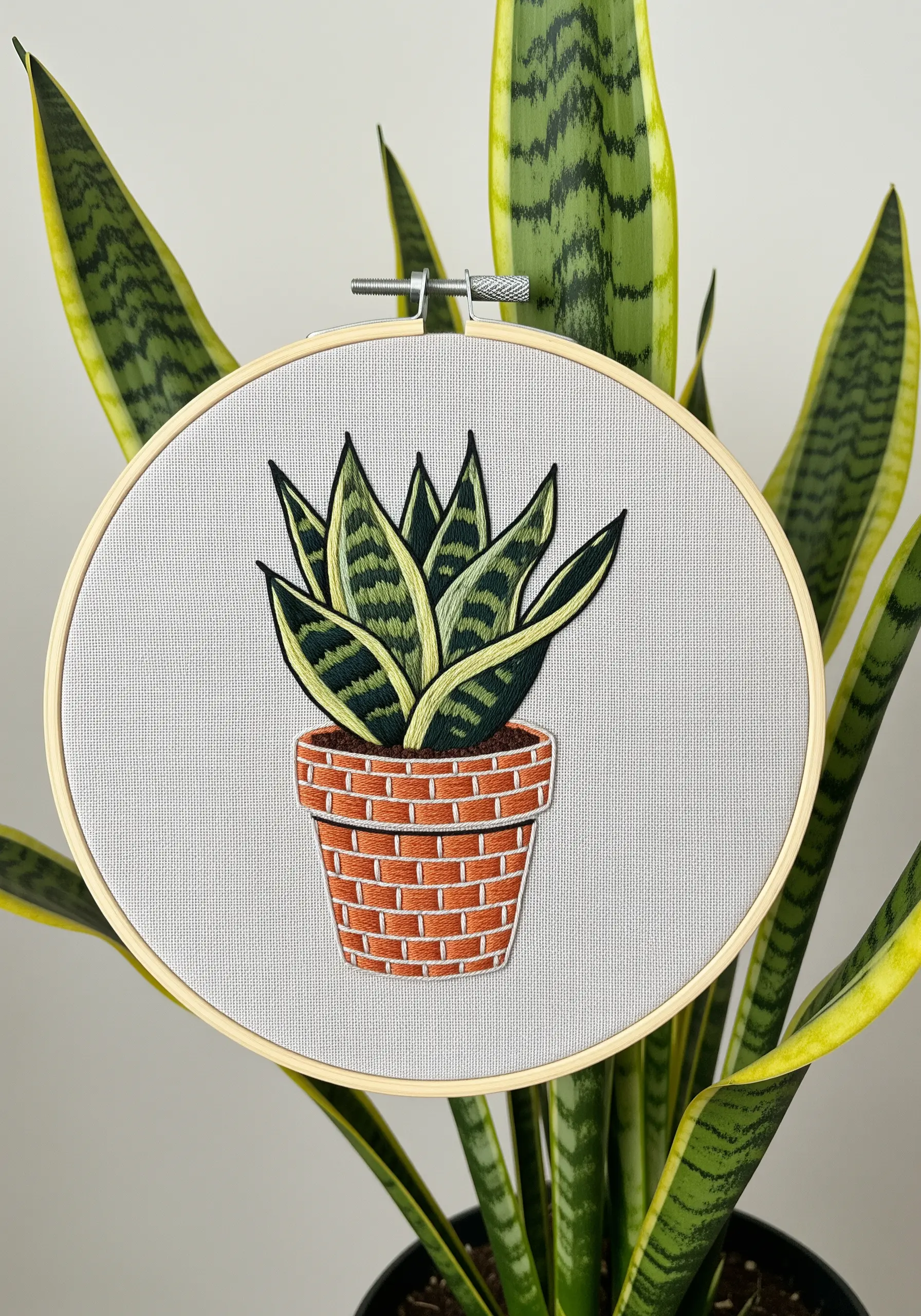 An embroidered snake plant with variegated leaves using long-and-short stitch.