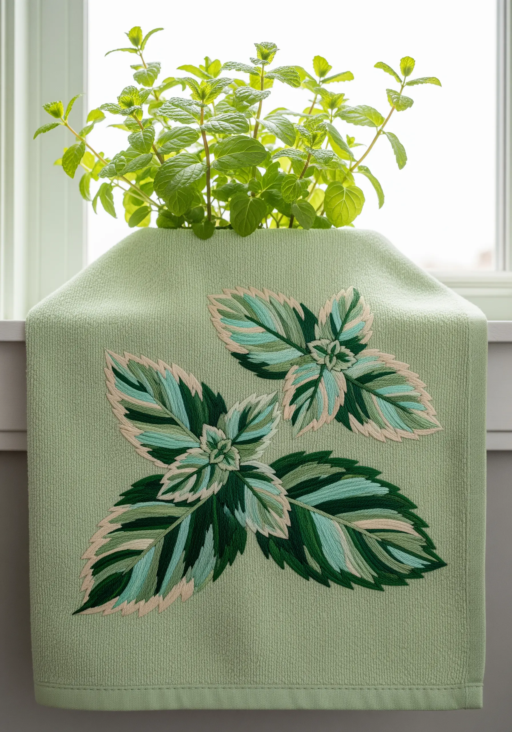 Intricately embroidered variegated mint leaves in shades of green, teal, and cream on a towel.