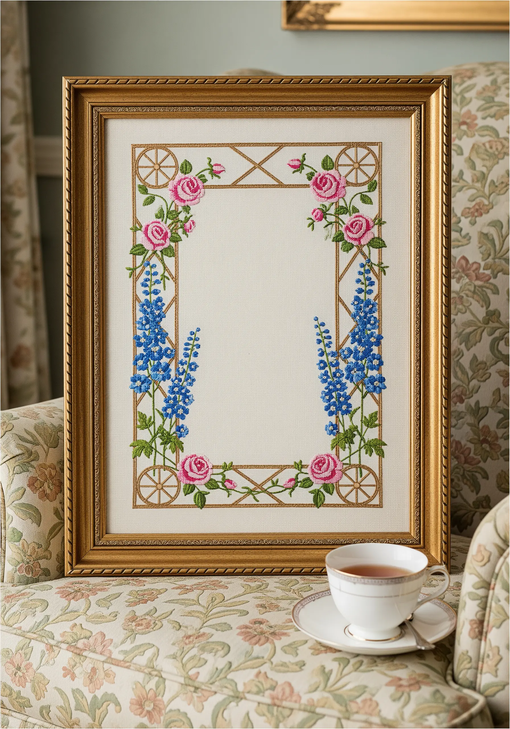 A traditional cross-stitch frame with pink roses, blue bluebells, and a golden lattice border.