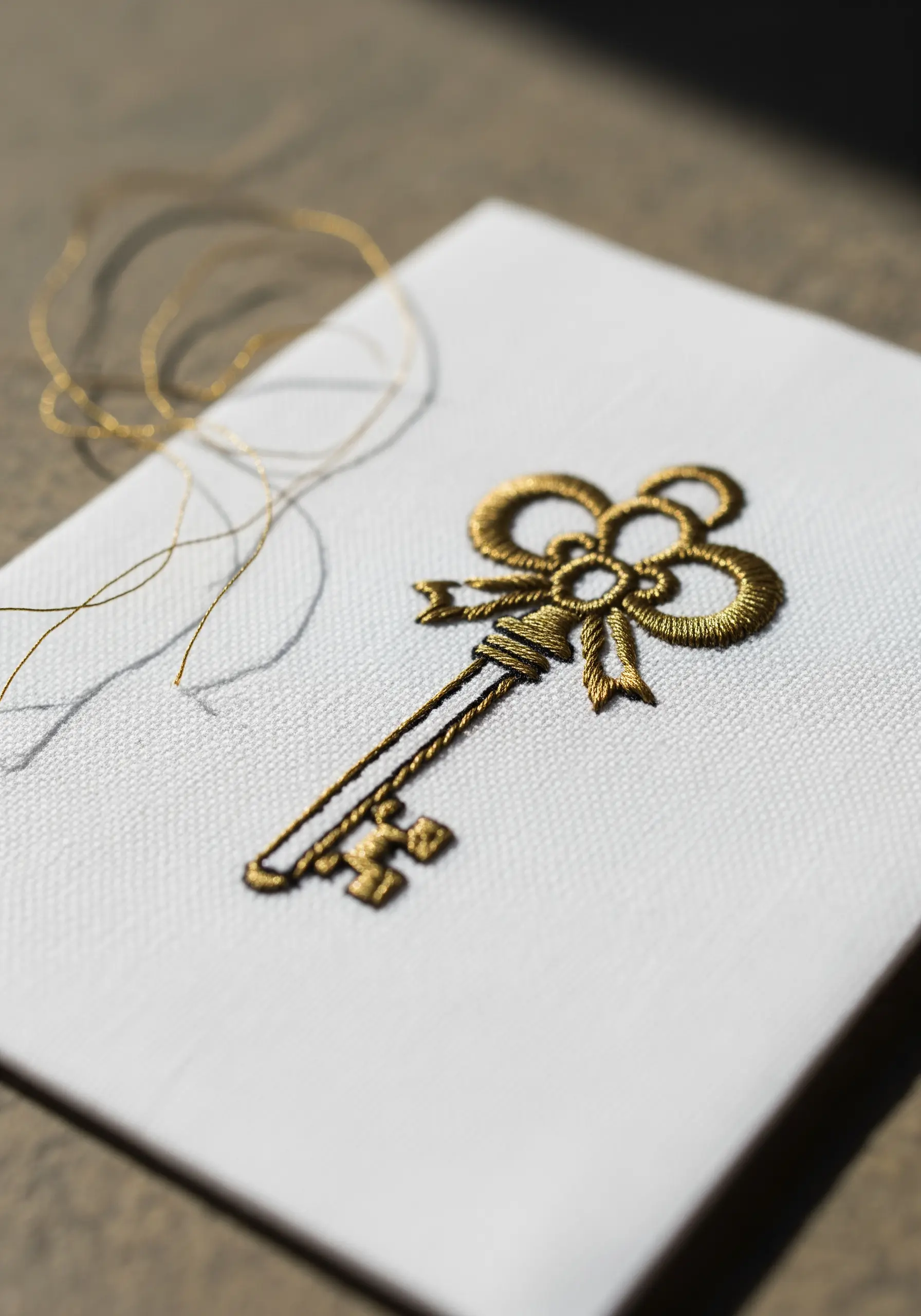 An ornate vintage key embroidered in gold thread using a raised satin stitch technique.