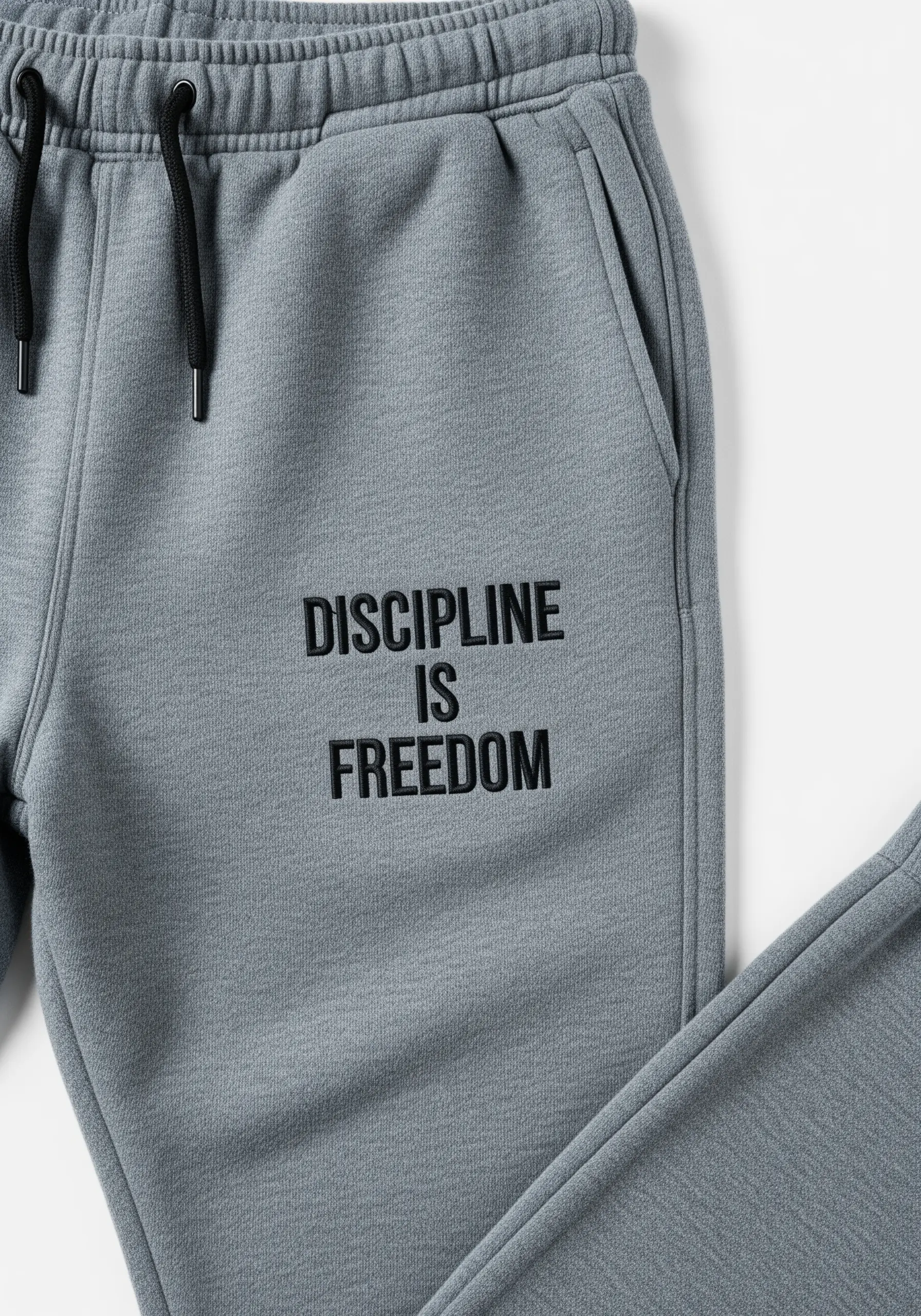 “DISCIPLINE IS FREEDOM” embroidered in clean black block letters on grey sweatpants.