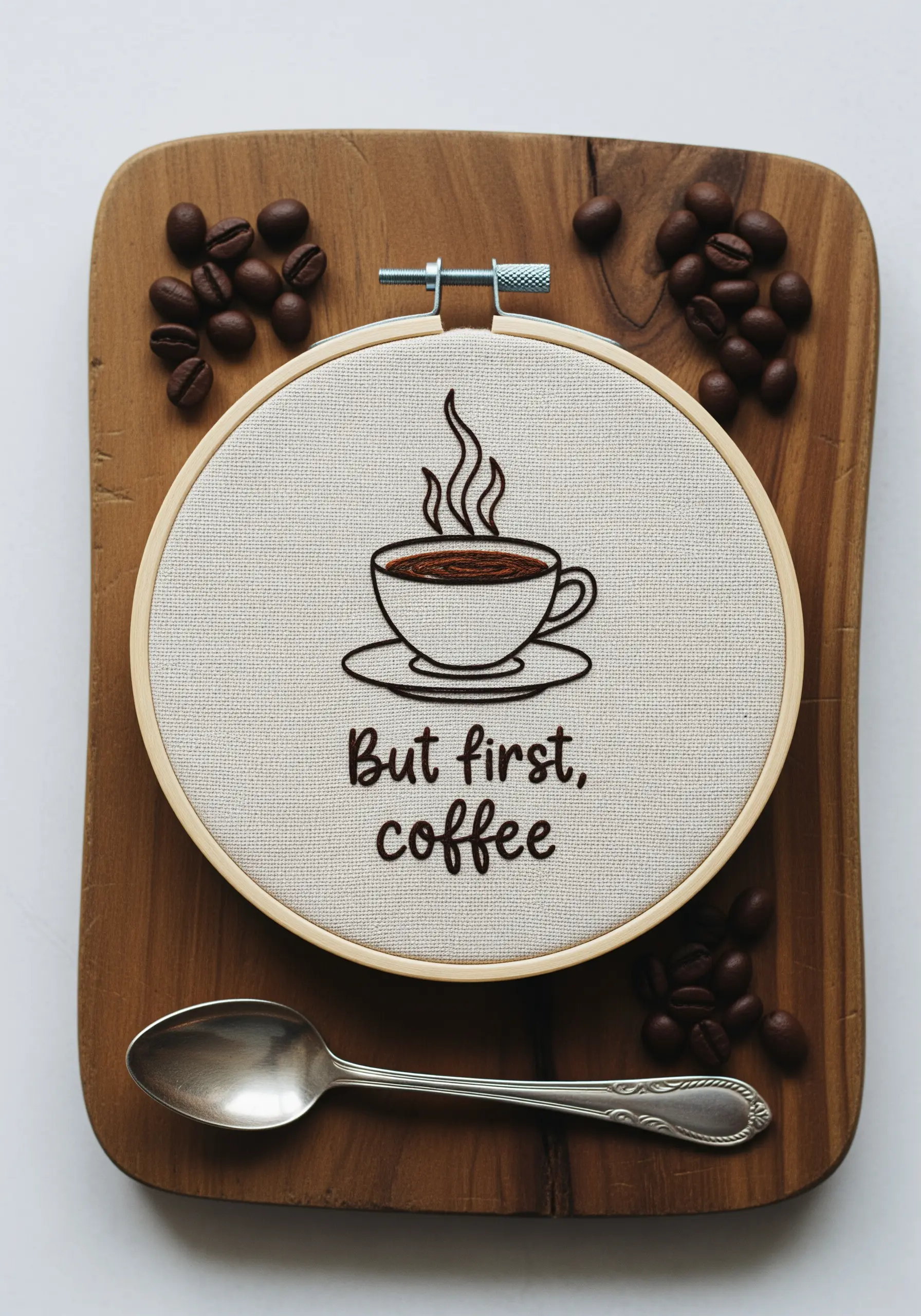 “But first, coffee” quote embroidered with a simple coffee cup icon.