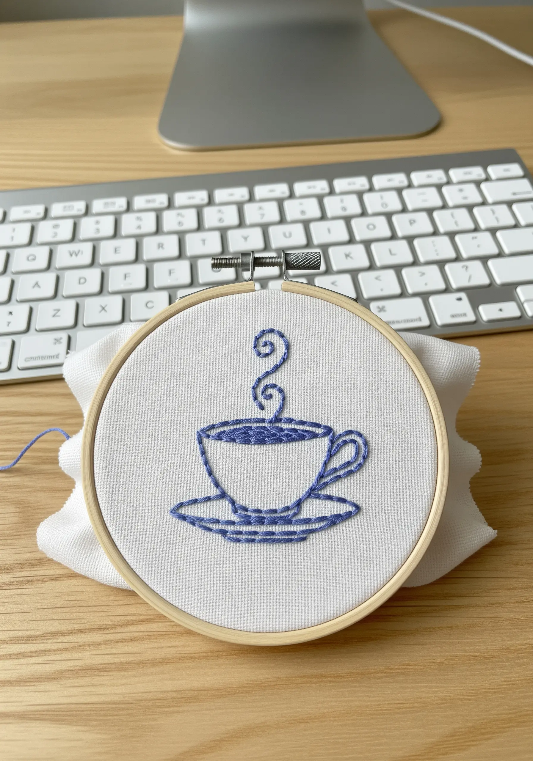 A teacup and saucer outlined in blue thread with delicate, swirling steam.