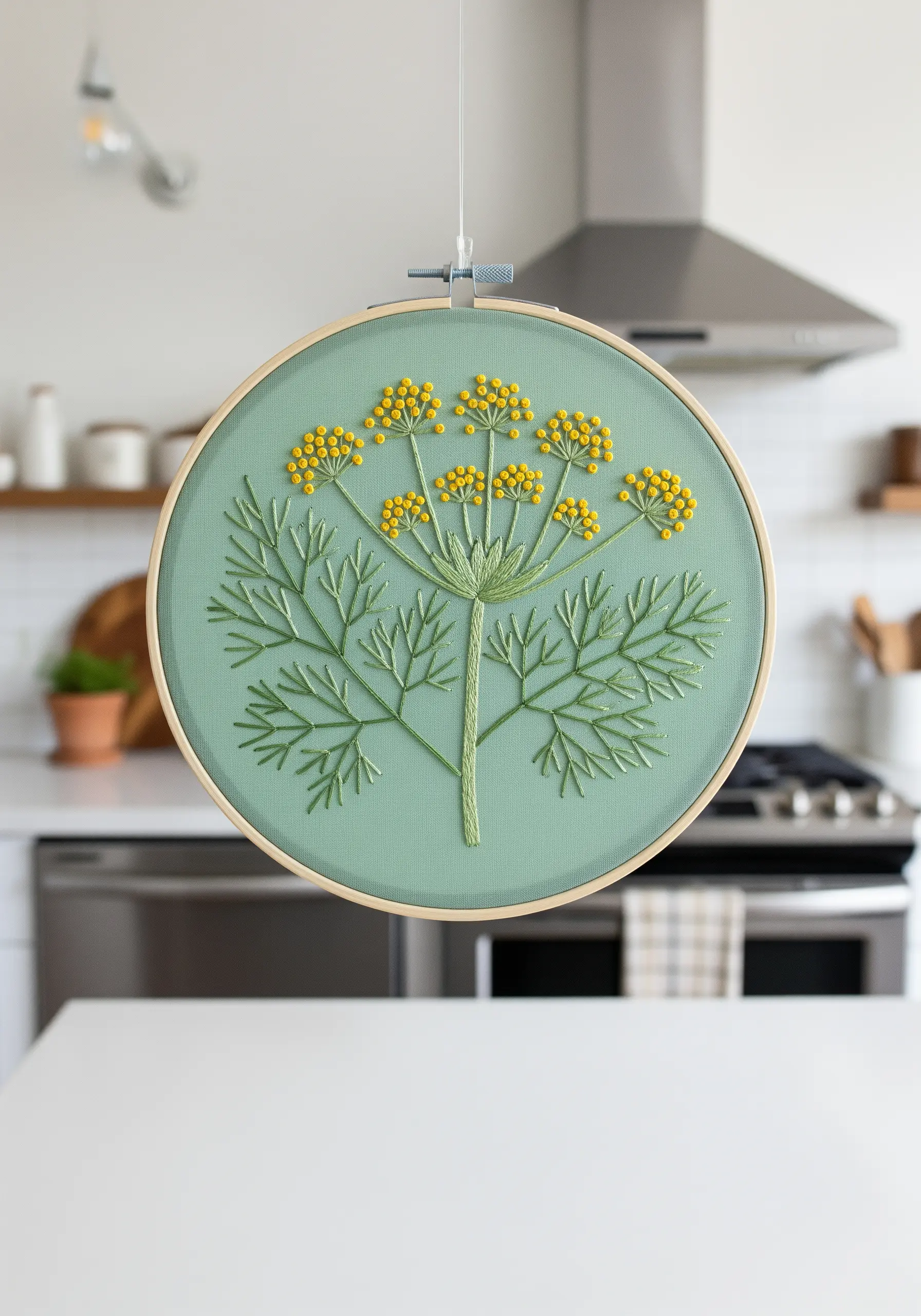 A delicate fennel plant embroidered with fine green stitches and yellow French knots.