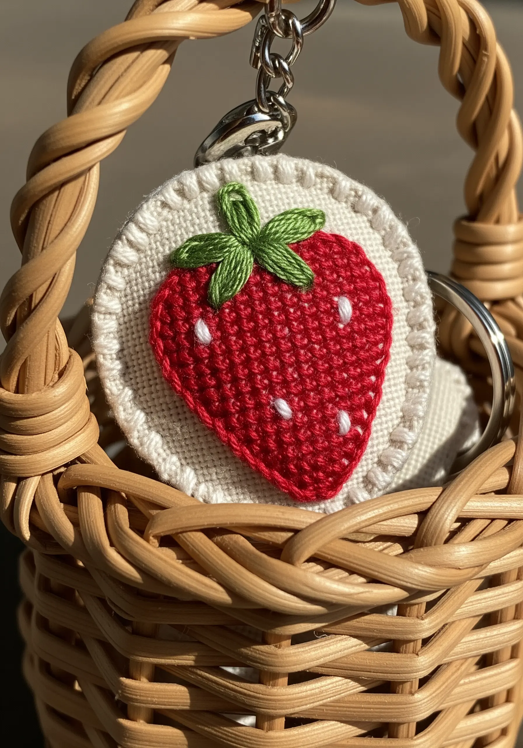 Red woven-stitch strawberry with green leaves on a round fabric keychain
