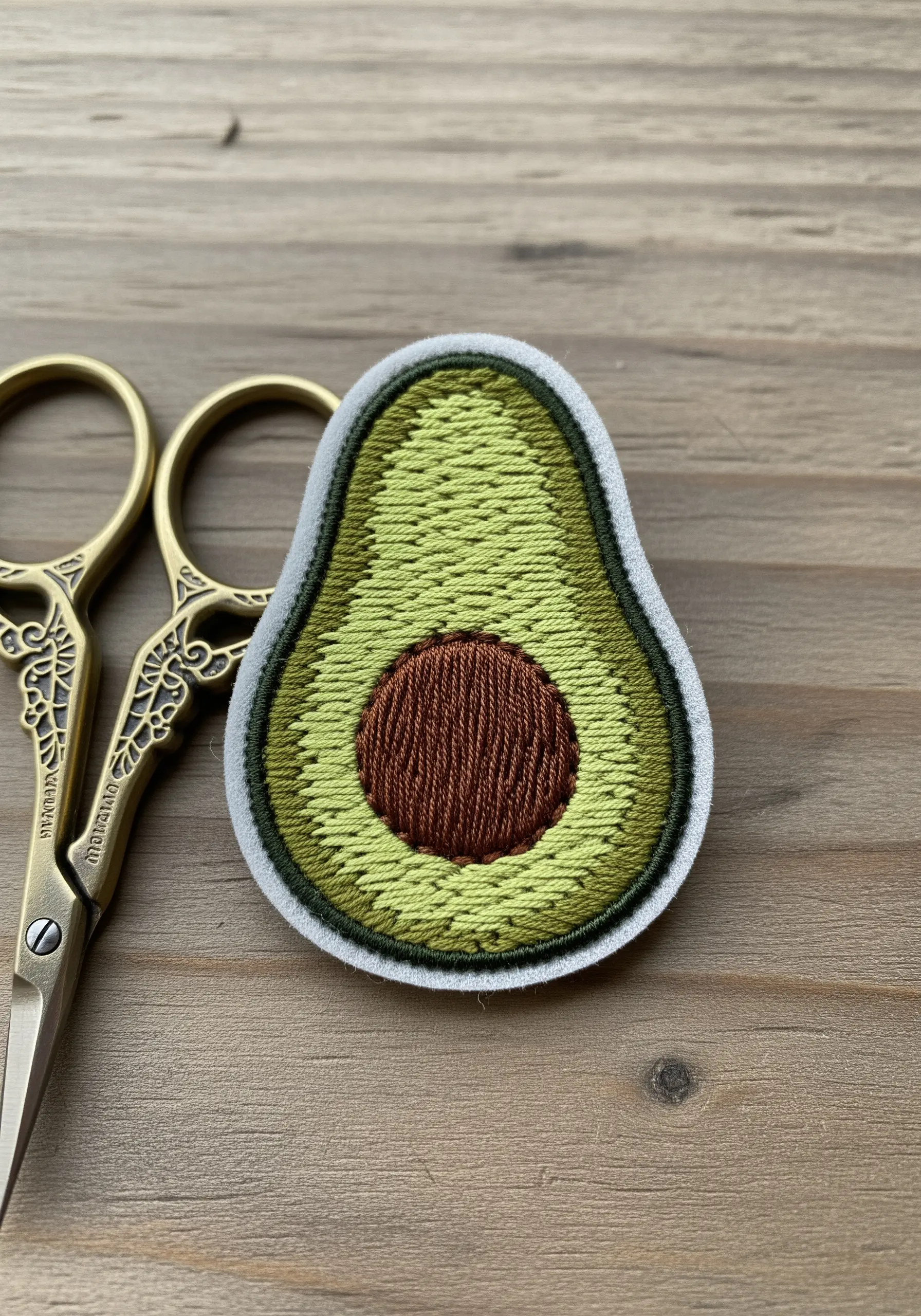 Embroidered avocado patch with realistic color blending using long-and-short stitch.