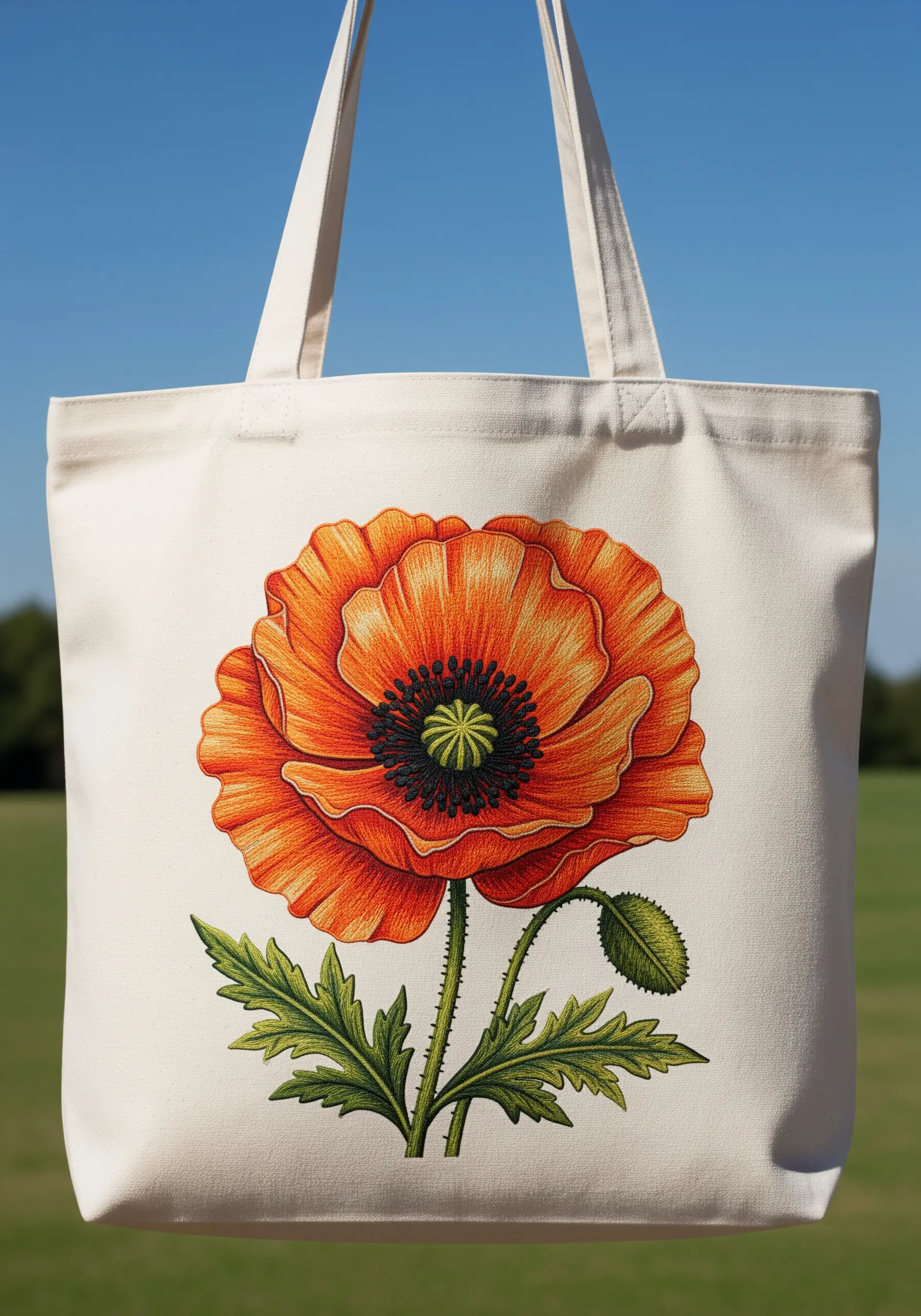 A large, realistic orange poppy embroidered with thread painting on a canvas tote.