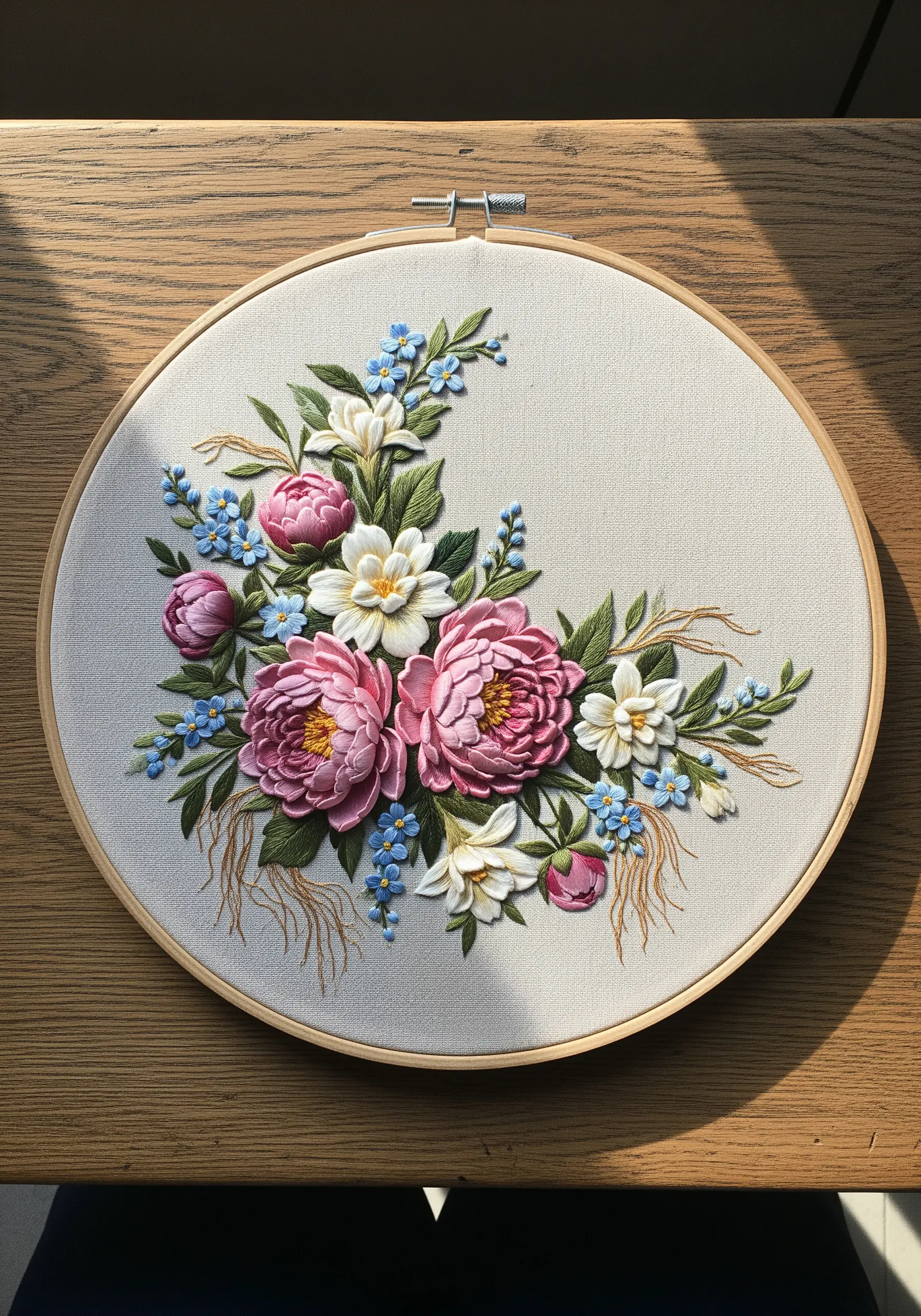 Hoop art with 3D thread-painted peonies and blue forget-me-nots.